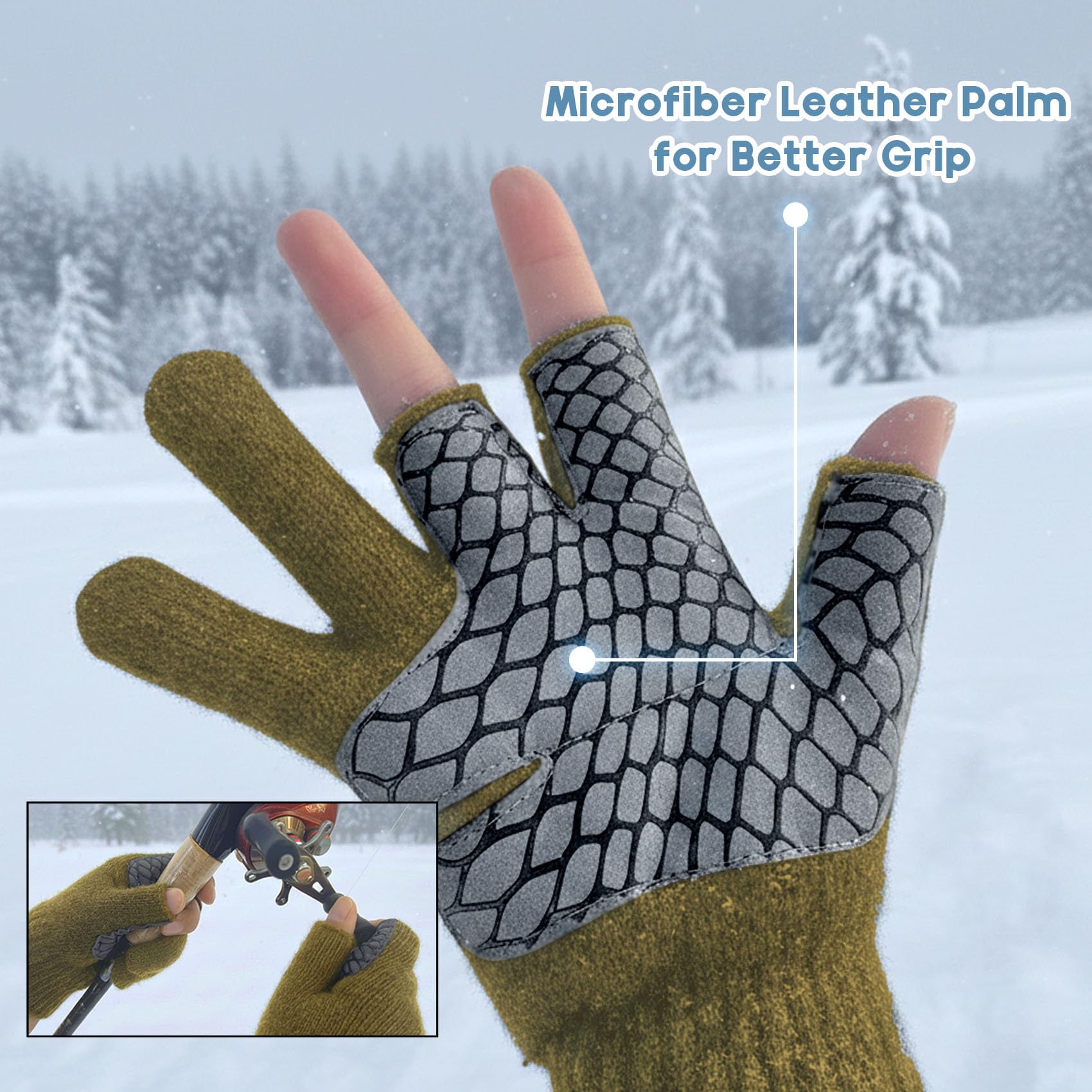 Riverruns Wool Fishing Gloves, 3-Cut Fingerless Winter Warm Gloves Men Women for Ice Fishing, Photography, Hunting & Hiking