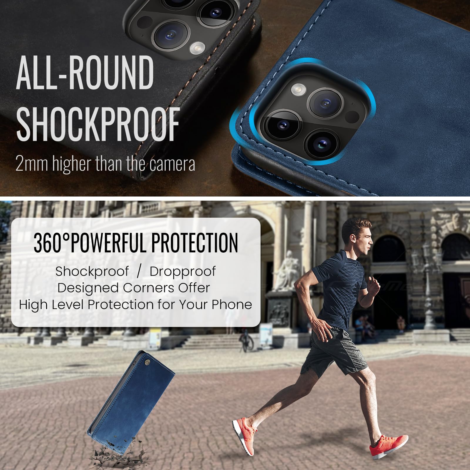 Samokor Cover per iPhone 13 Pro 5G Pelle Flip Custodia Cavalletto Portafoglio Magnetica Carta Fessura Antiurto per iPhone 13 Pro 5G,Blu