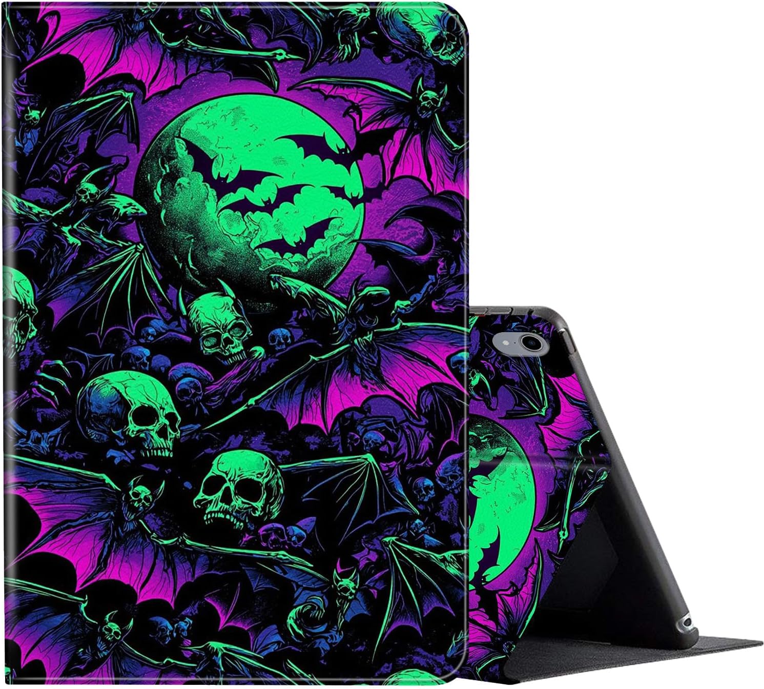 Case for iPad (A16) 11th Generation 11 Inch (2025), for iPad 10th Generation Case 10.9 Inch (2022) - Slim Shockproof Shell PU Leather Stand Cover w/Auto Sleep Wake-Gothic Bats Skull Bone Horror