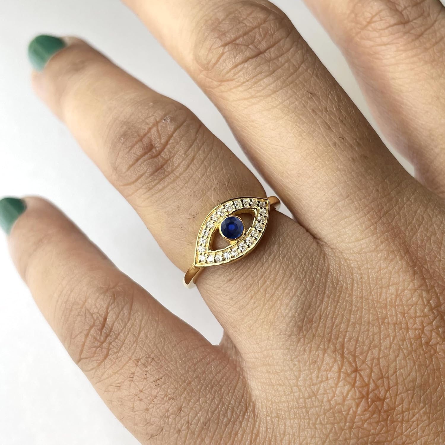Round Cut Blue Sapphire & White Diamond Evil Eye Ring For Women, 14K Gold Plated Silver September Birthstone Protective Ladies Luck Evil Eye Ring
