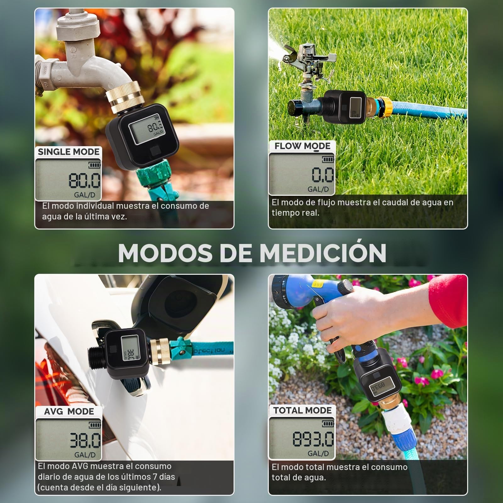 Contador de Agua de Agua, medidor de Agua Digital, medidor de Flujo de Agua con Rosca de latón, Contador de Agua de jardín con 4 Modos de medición, Reloj de Agua de Alta precisión, para riego de