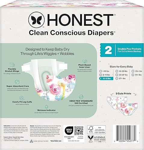Miniatura 9 de The Honest Company Pañales Clean Conscious  A base de plantas, sostenibles  Young at Heart + Rose Blossom  Club Box, talla 2 (12-18 libras), 72