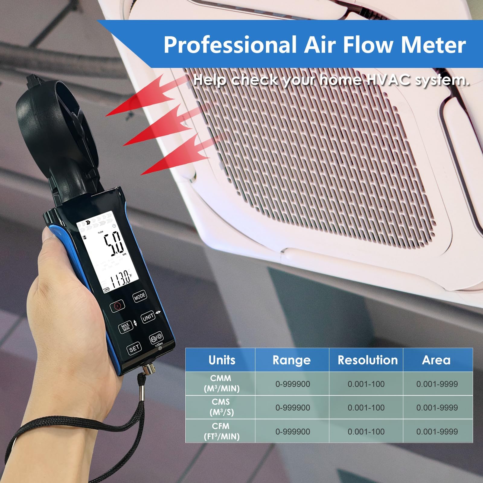 Digital Anemometer CFM CMM CMS Luftstrom-Geschwindigkeitsmesser LCD Hintergrundbeleuchtet Windgeschwindigkeit Windtemperatur HLK Windmesser 270° drehbarer Sensor