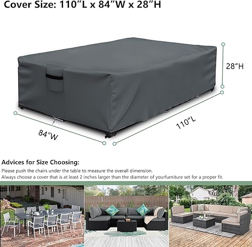 Miniatura 9 de Funda para mesa de patio, impermeable, rectangular, resistente 500D, protección para todo tipo de clima, para muebles de exterior, 90 pulgadas de