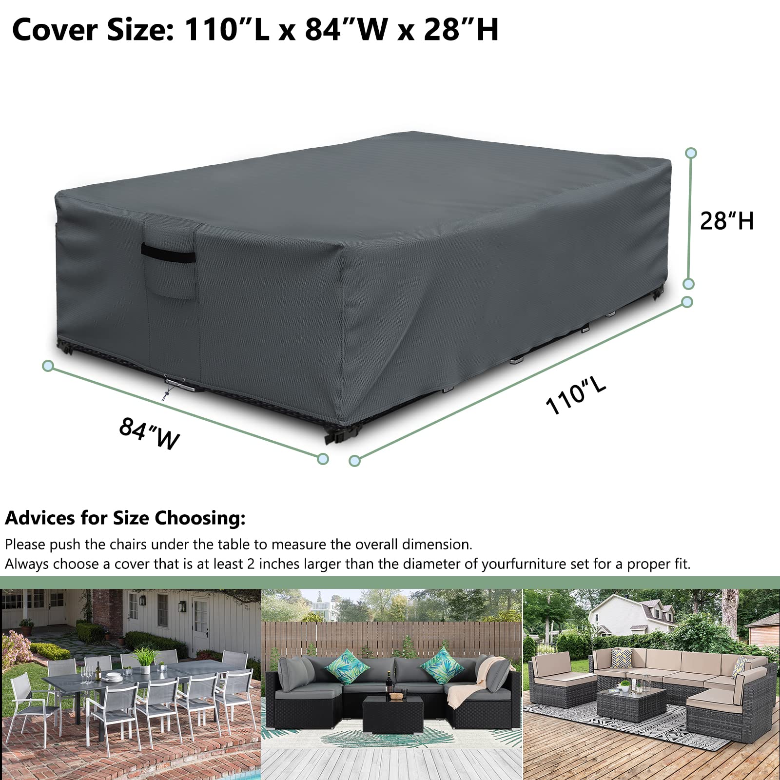 Outdoor Furniture cover Waterproof, Outdoor Sectional Cover, Rectangular Patio Covers for Outdoor Furniture Set, 110" L x 84" W x 29" H -Black view 2