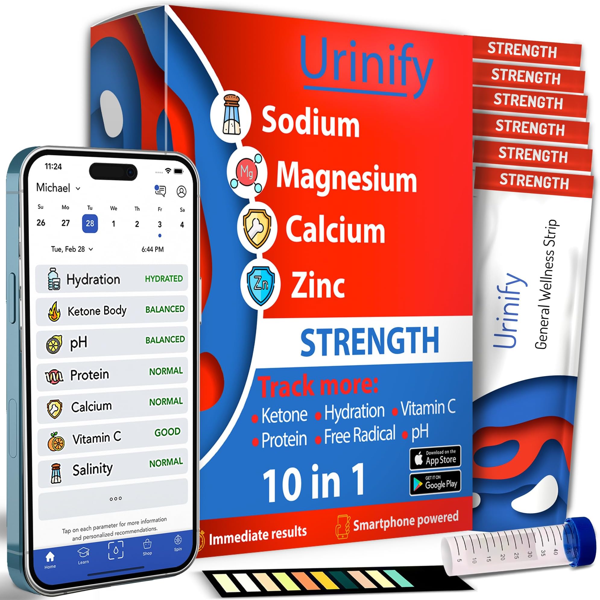 – [URINIFY Strength] Urine Test Strips and Mobile App for Keto Strips Urine Test, Hydration Test, Metabolism Test, pH, Vitamin C, urinalysis Test Strips…