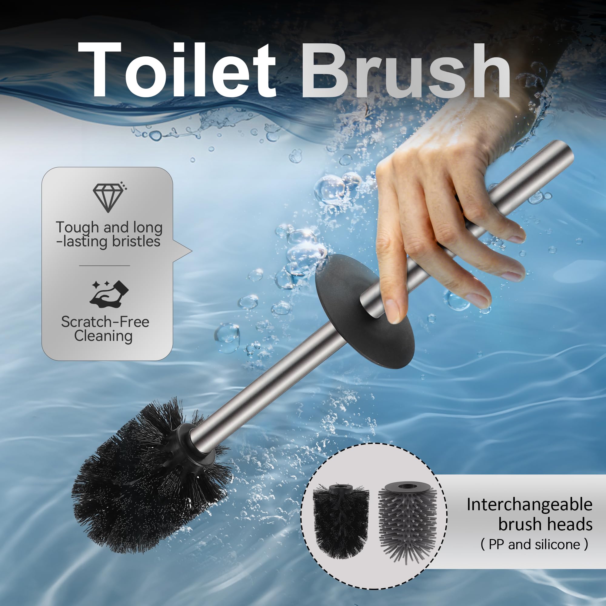 DAZI Toilettenpapierhalter mit WC-Bürste, freistehend, Gebürstetes Nickel | Aus Edelstahl mit 2 Bürstenköpfen in Silikon- und PP-Ausführung – für Bad, Wohnung und Gästetoilette