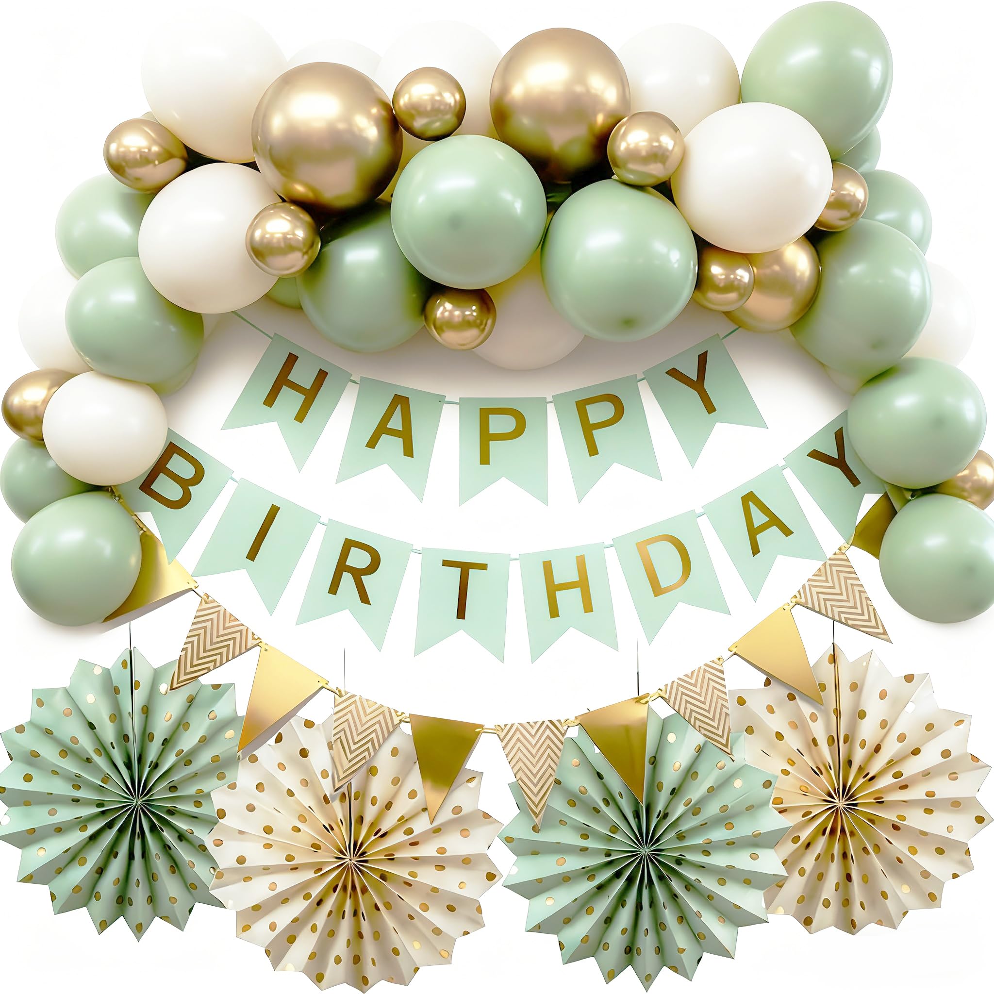 Green Birthday Decorations,Happy Birthday Banner ,Sage Green Gold Balloons Garland With Balloon Arch Tape, Bunting and Hanging Paper Fans,Party Decoration for Men Women