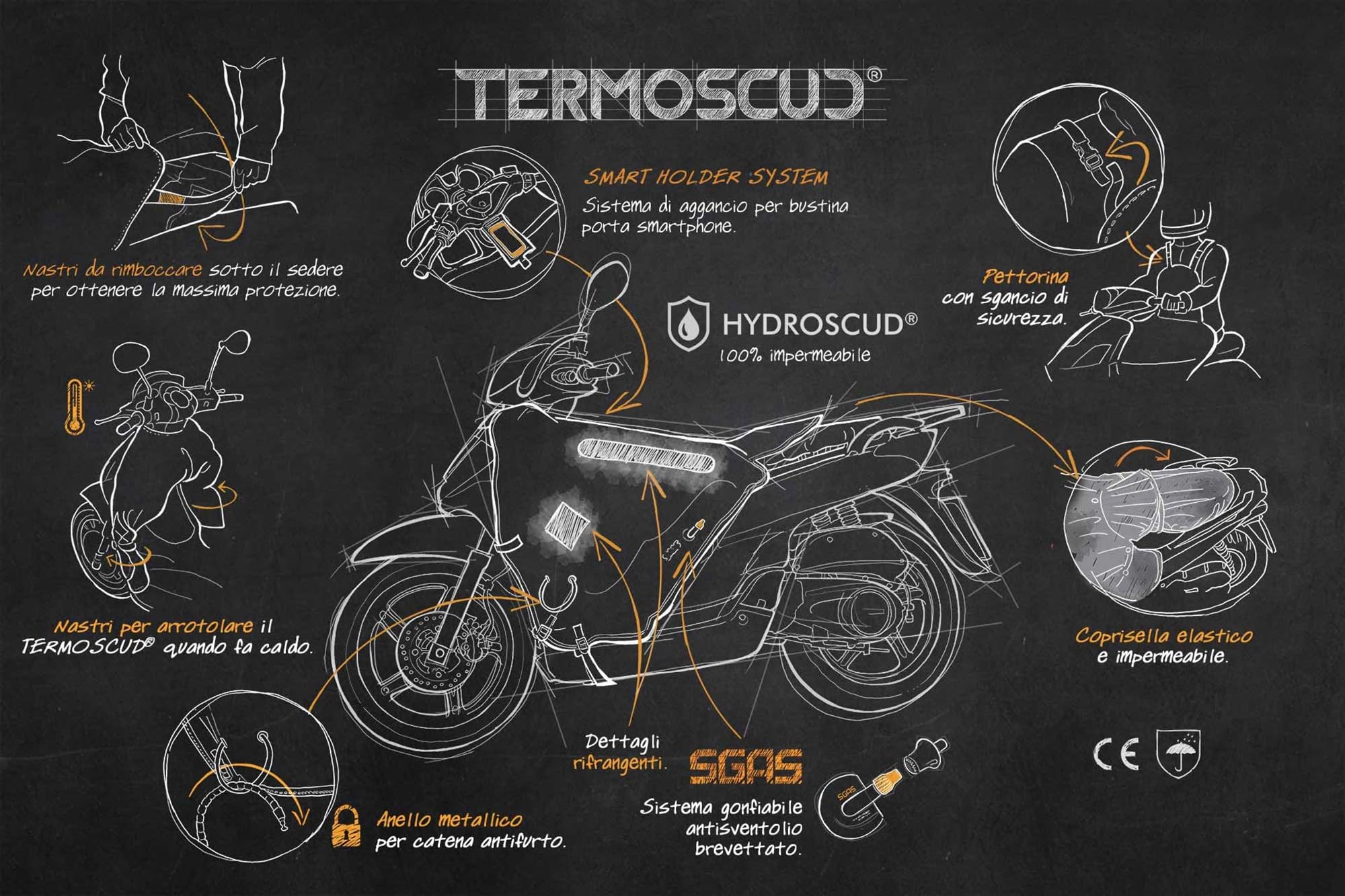 Tucano Urbano coprigambe per scooter Termoscud® R019. L'originale termoscudo scooter con brevetto anti sventolio S.G.A.S. Costruzione triplo strato HYDROSCUD a tenuta stagna. Termico. Certificato CE