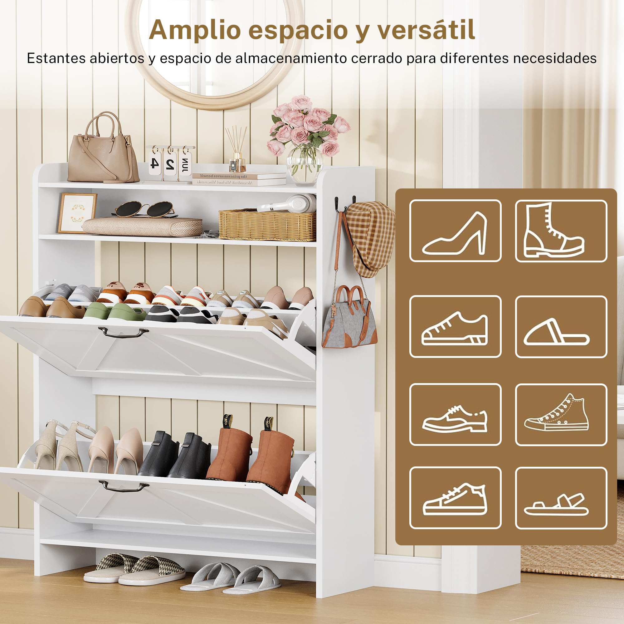 Zapatero Recibidor 24cm, Mueble Zapatero con 2 Cajones y Estantes Ajustables, para 16-20 Pares de Zapatos,Zapatero Estrecho Ideal para Entrada, Salón, Pasillo,24 x 76 x 112 cm, Blanco