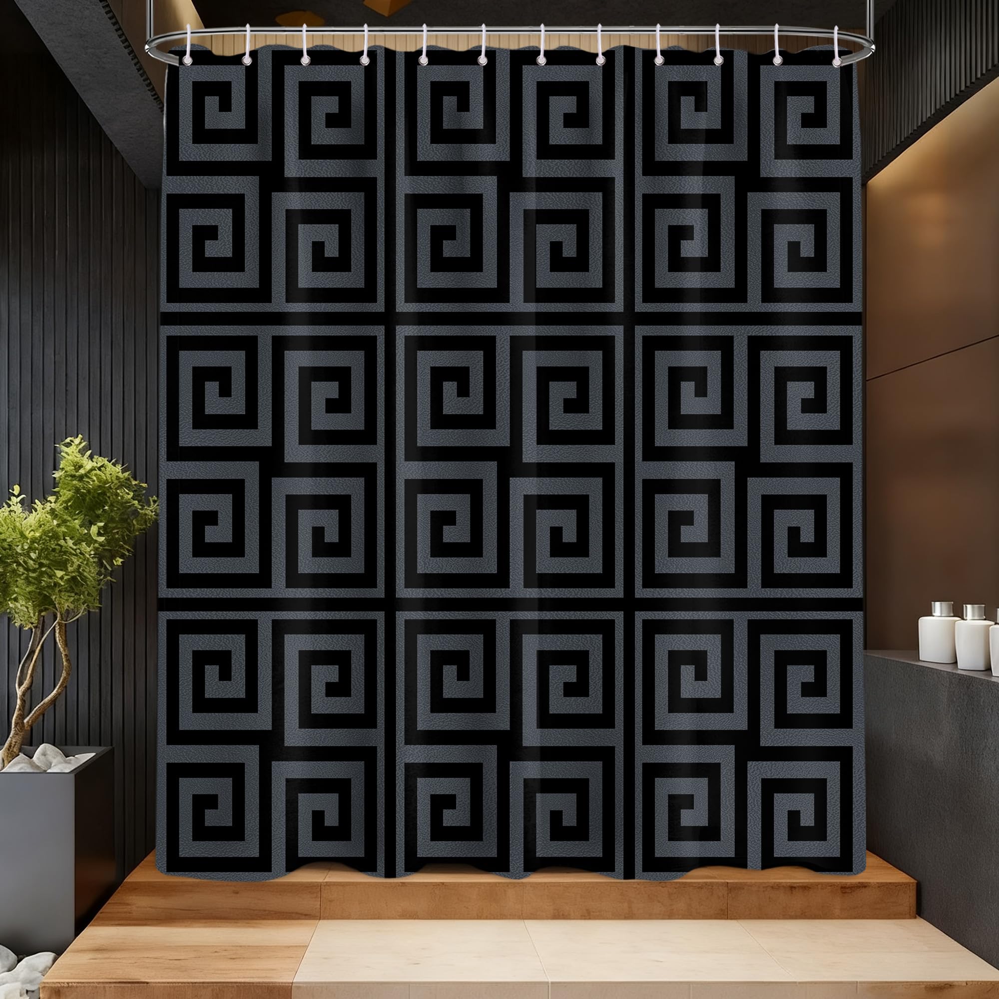 LanZanthic Black Grey Geometric Gray Shower Curtains for Bathroom Greek Modern Mens Wet Room Shower Curtain with hooks, Mould Proof Resistant, Waterproof, Washable, Fabric, 180 x 180 cm