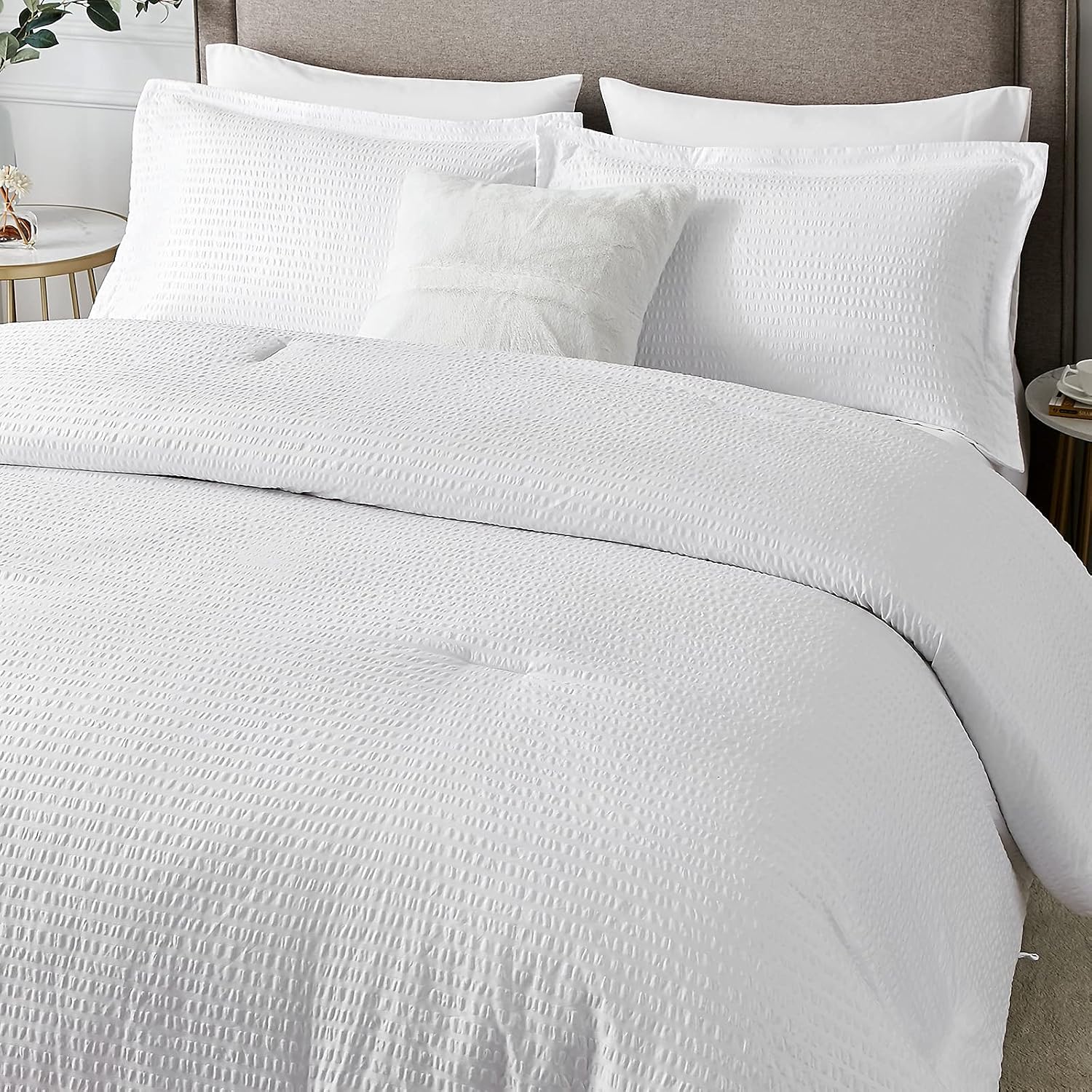 EHEYCIGA Queen Comforter Set White, Luxury Seersucker Stripe Bedding Comforter Sets, 3 Pieces Queen Size Comforter Sets for Queen Bed (1 Comforter with 2 Pillow Shams, 90x90 inches)
