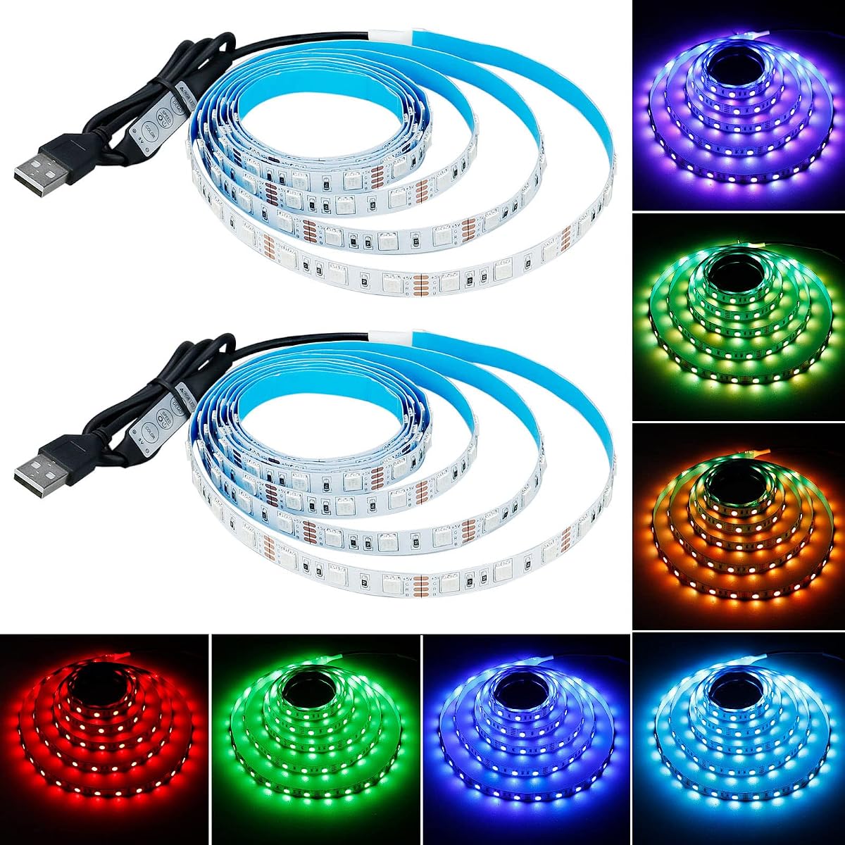 Tira de luz LED RGB USB de 5 V alimentada por USB 13,2 pies/4 M (2 piezas x 6,6 pies) 240 LED | SMD 5050 flexible con controlador Regulable 19 modos dinámicos 20 colores estáticos Cinta de luces LED IP20 no impermeable