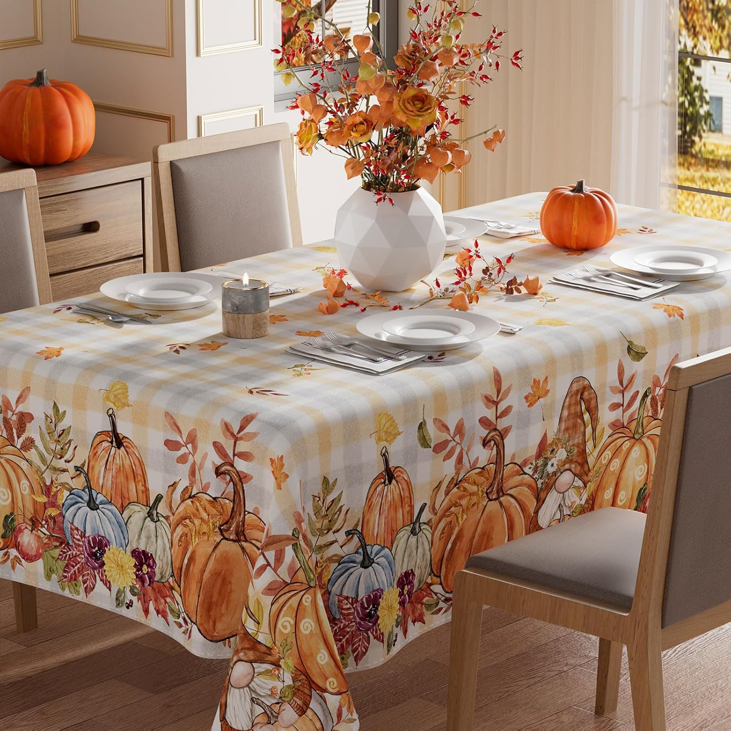 XCHI Fall Pumpkin Gnome Maple Leaves Tablecloth Rectangle