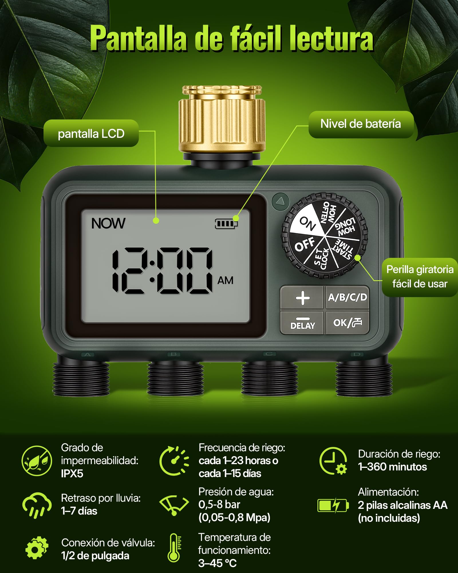 Programador de Riego de 4 Válvulas, Ordenador de Riego Automático, Temporizador para Grifo de Manguera de Jardín, Función de Retraso por Lluvia, Patio y Césped, Verde Oscuro