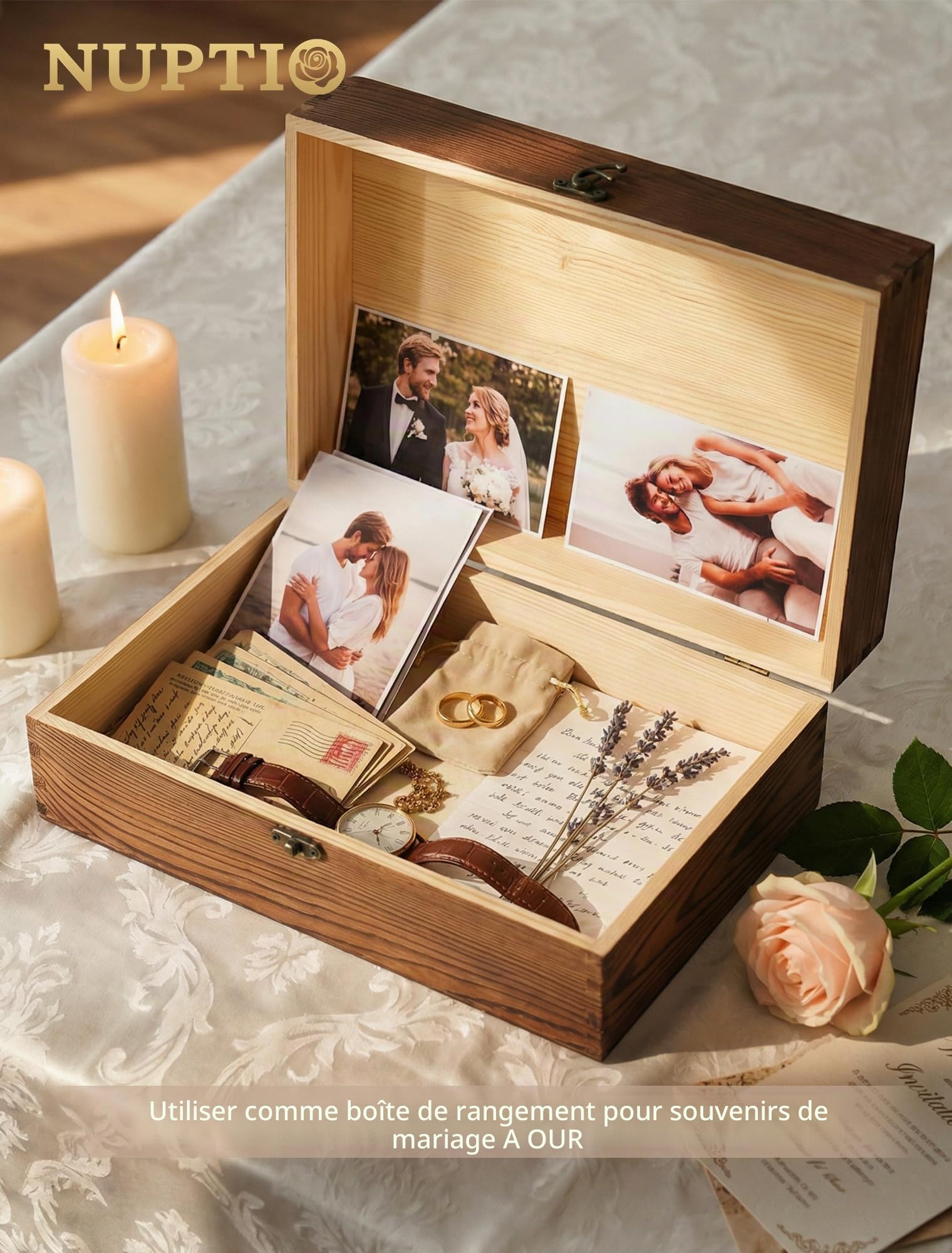 NUPTIO Cristal Flûtes à Champagne avec en Bois, Cadeau Mariage, Argent | 2 Pièces, Verre, pour Anniversaire, Fête, Noël, pour les Couples, l'épouse, la Mariée, l'être Aimé
