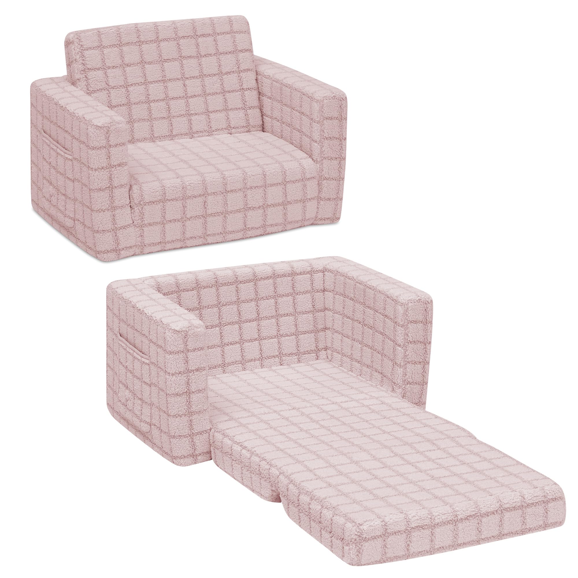 Delta Children Checkered Cozee Flip-Out Kids Chair, Snuggly Sherpa-Like Foam Convertible Armchair for Boys and Girls, Machine Washable Cover, Soft