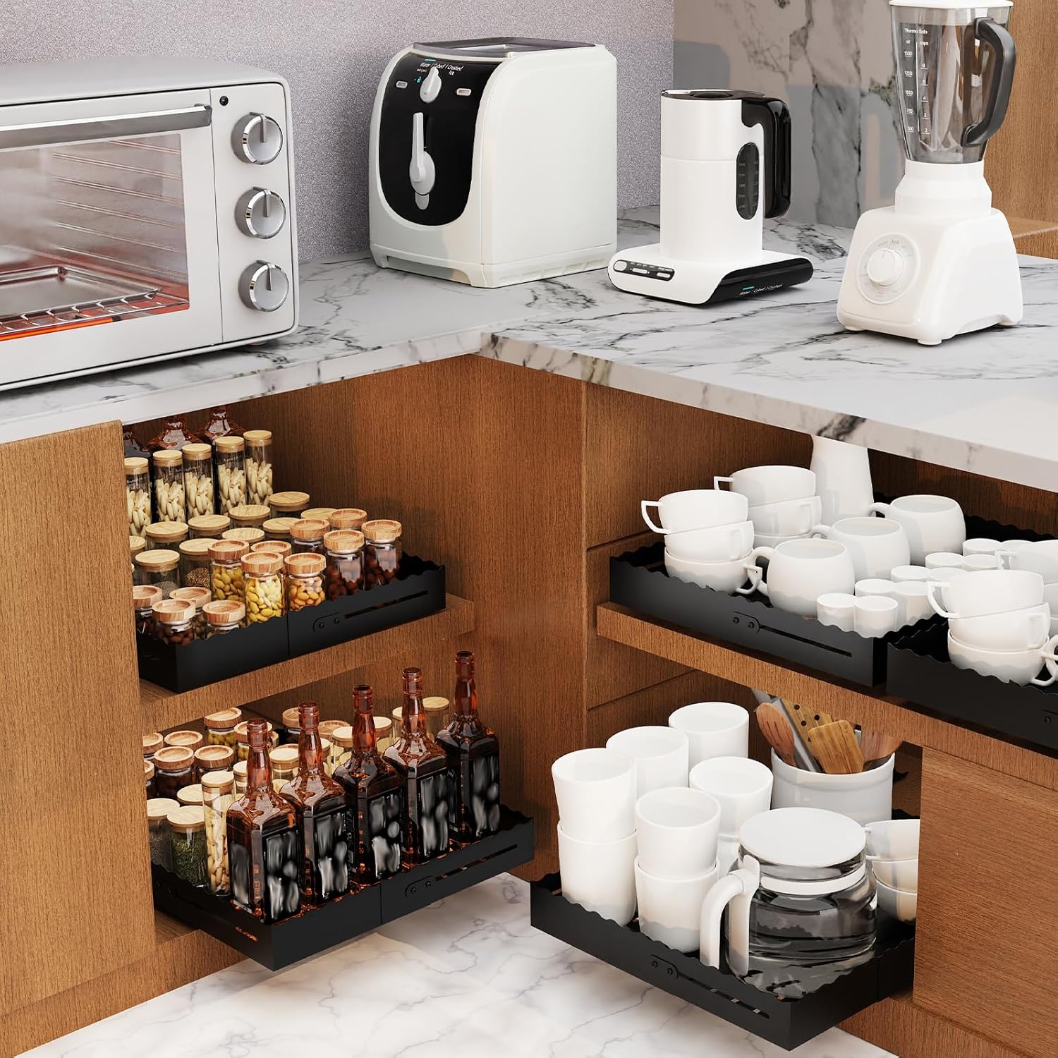 Expandable Pull Out Cabinet Organizer - Adjustable Width 12-18" & Depth 13-23", 3-Rail Heavy Duty Slide Out Drawer, No-Drills Adhesive Mount, Fits Lip & Lip-Free Cabinets(Black)