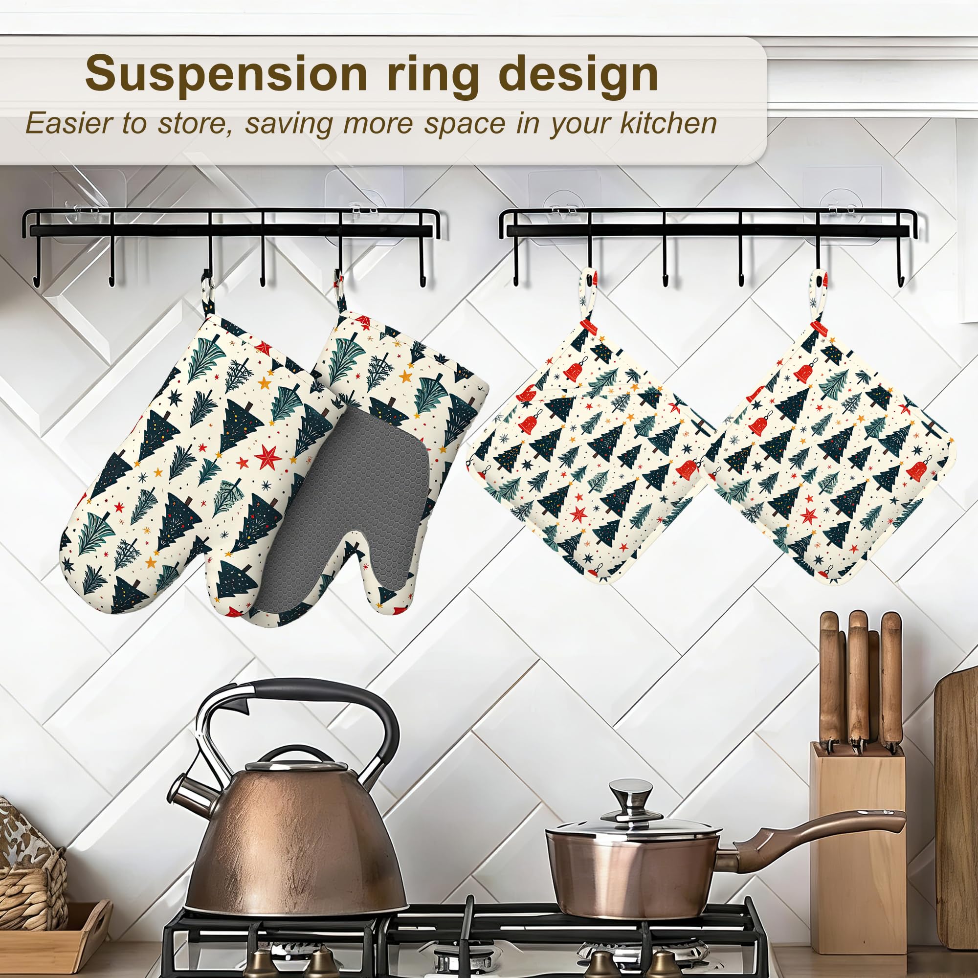 Juego de 4 manoplas de horno y soportes para ollas de pino de Navidad, guantes de cocina resistentes al calor con silicona antideslizante para hornear, cocinar, barbacoa