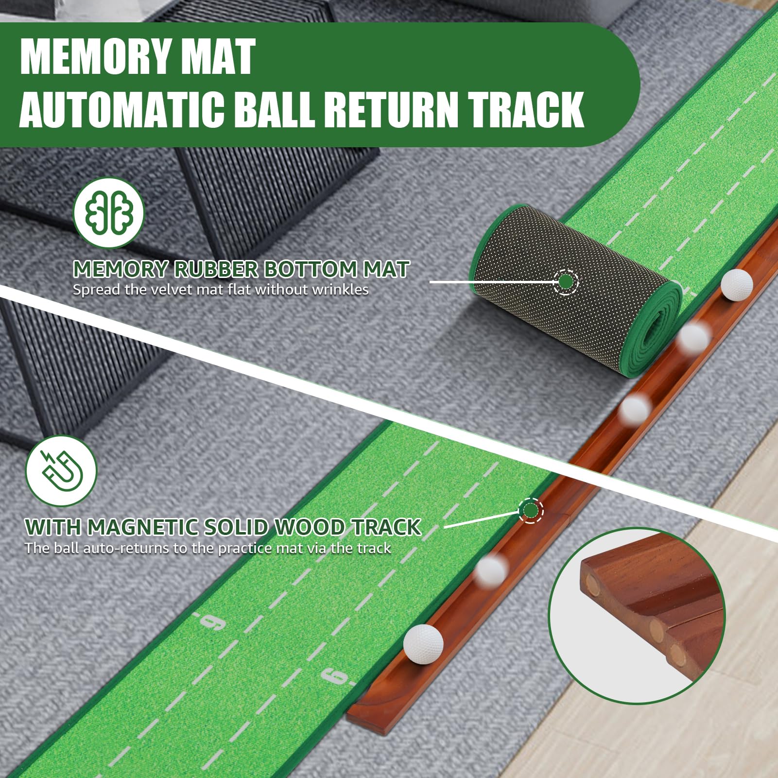 XDriveMax Golf Putting Matte Indoor,2 Loch rutschfeste puttingmatte Golf Indoor mit Ballrückführung ohne Blockierung, geeignet für Golfübungen, Homeoffice und als schönes Geschenk
