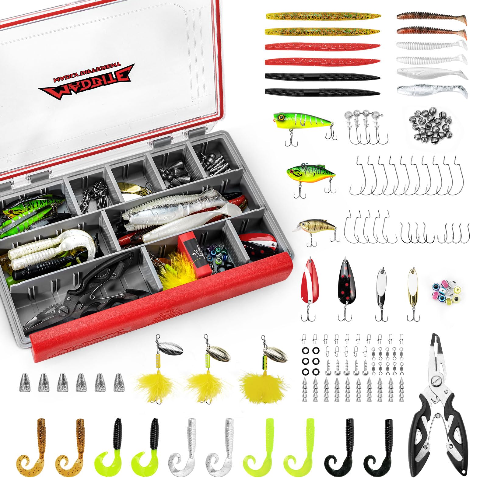 MadBite KastKing Pro - Kit di esche da pesca, 71/143 pezzi, con scatola impermeabile e pinze, approvato dagli esperti per spigola, trota, panfish, 8/13 configurazioni pre-attrezzate per acqua dolce