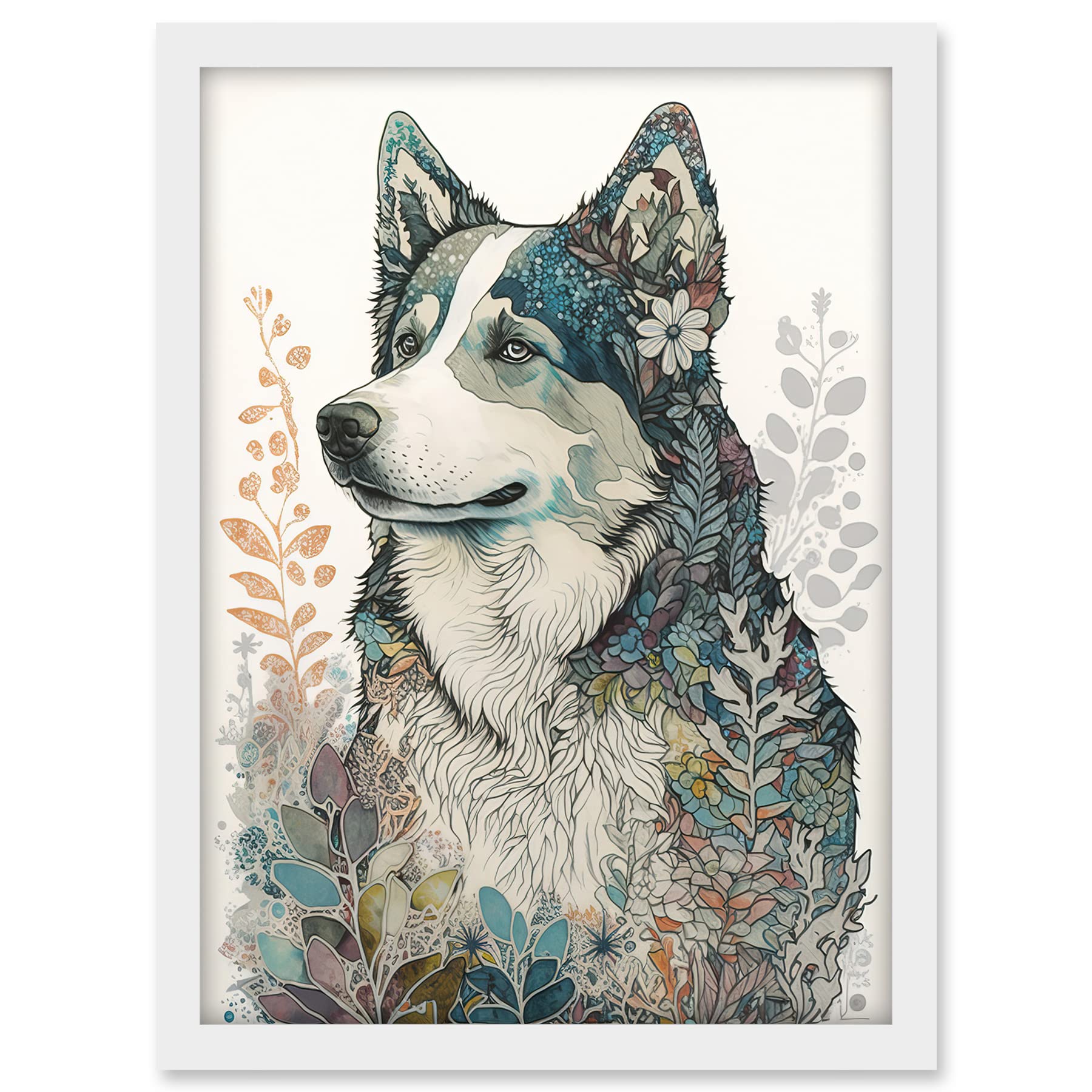 Artery8 Siberian Husky Dog Nature Spirit Animal Modern Multicoloured Illustration Artwork Framed A3 Wall Art Print