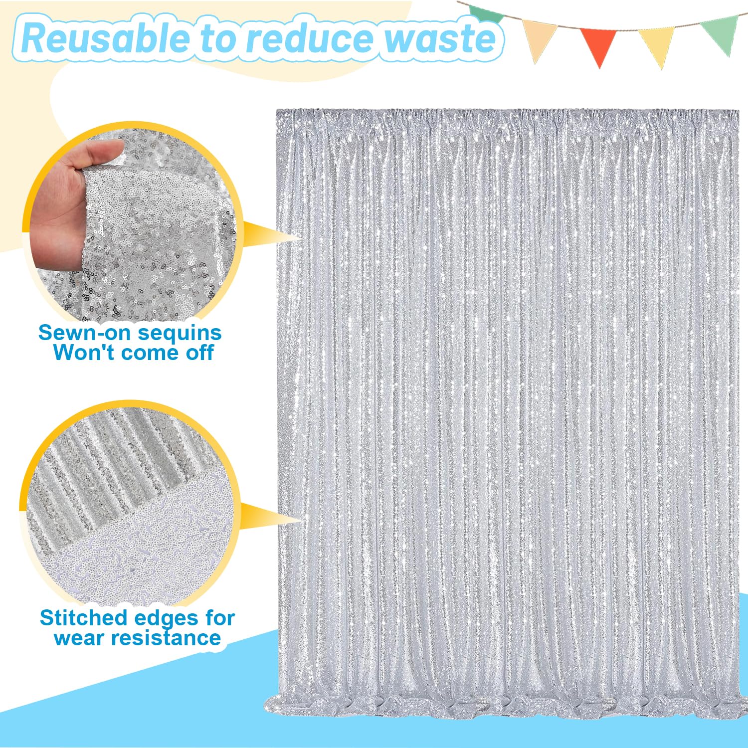 Silber Hintergrund Hochzeit Pailletten - 60 x 240 Cm Pailletten Stoff Hintergrund für Taufe Hochzeiten Geburtstag Schule Party Wohnkultur -4Stückf