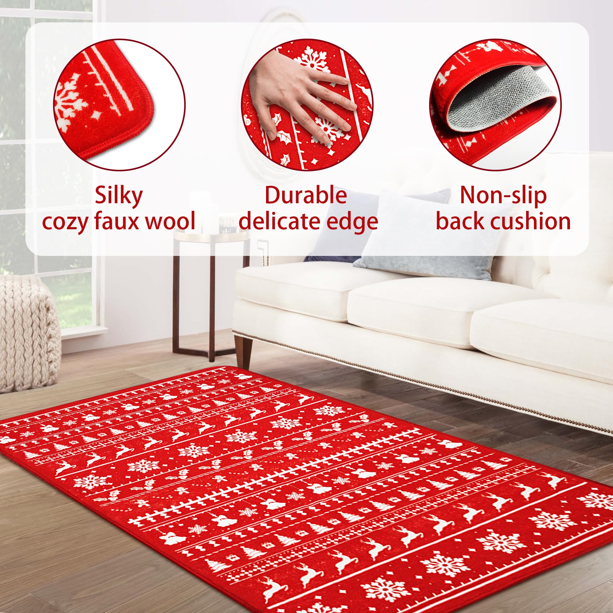 Alfombra de Navidad de 3 x 5 pies, diseño de copos de nieve y árbol de Navidad, alce, de perfil bajo, lavable a máquina, alfombra de interior, decorativa, antideslizante, para sala de estar y