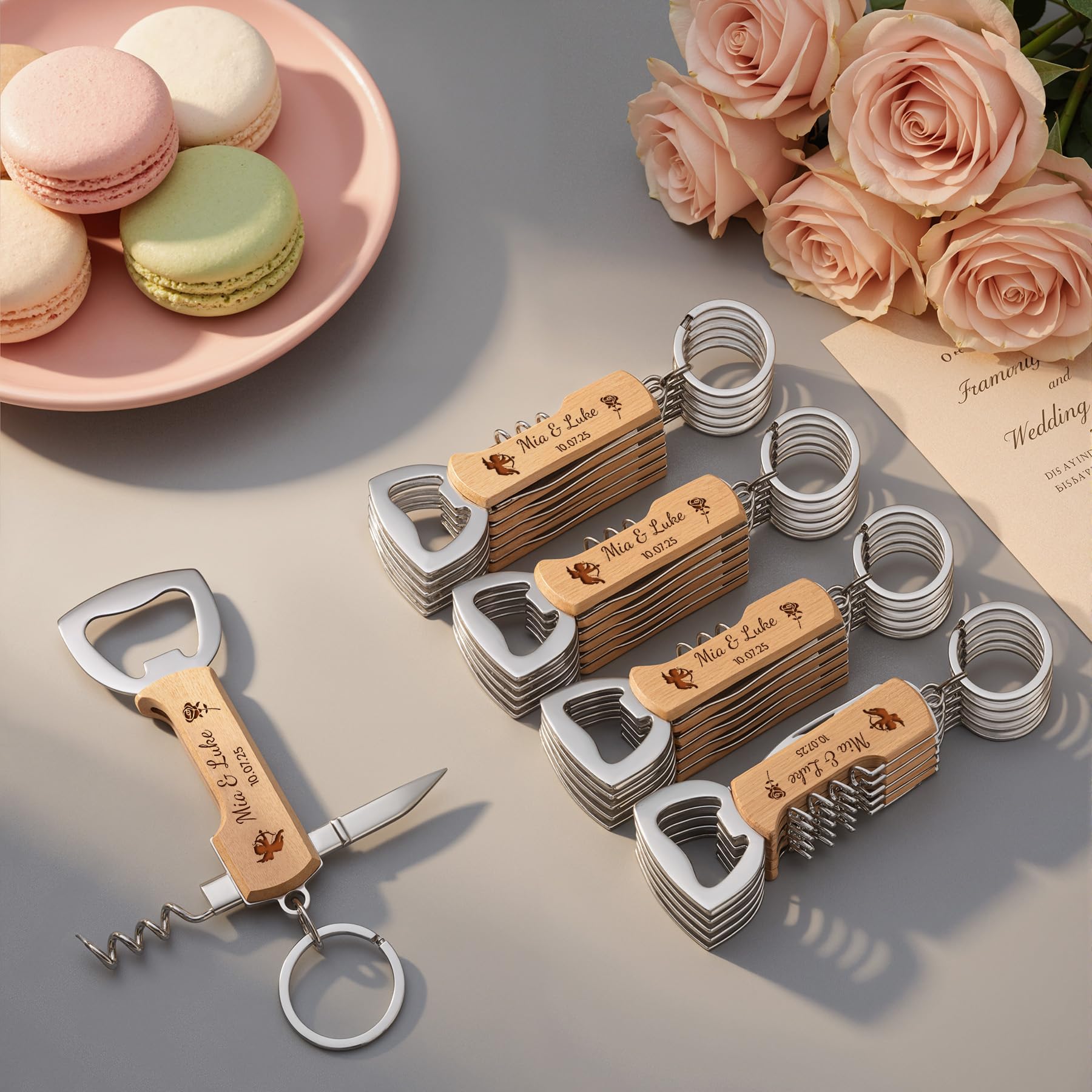 12 Pezzi Portachiavi Apribottiglie Personalizzato, Cavatappi Personalizzato in Legno, Bomboniere Matrimonio, Incisione su Entrambi i Lati con Nomi e Lloghi