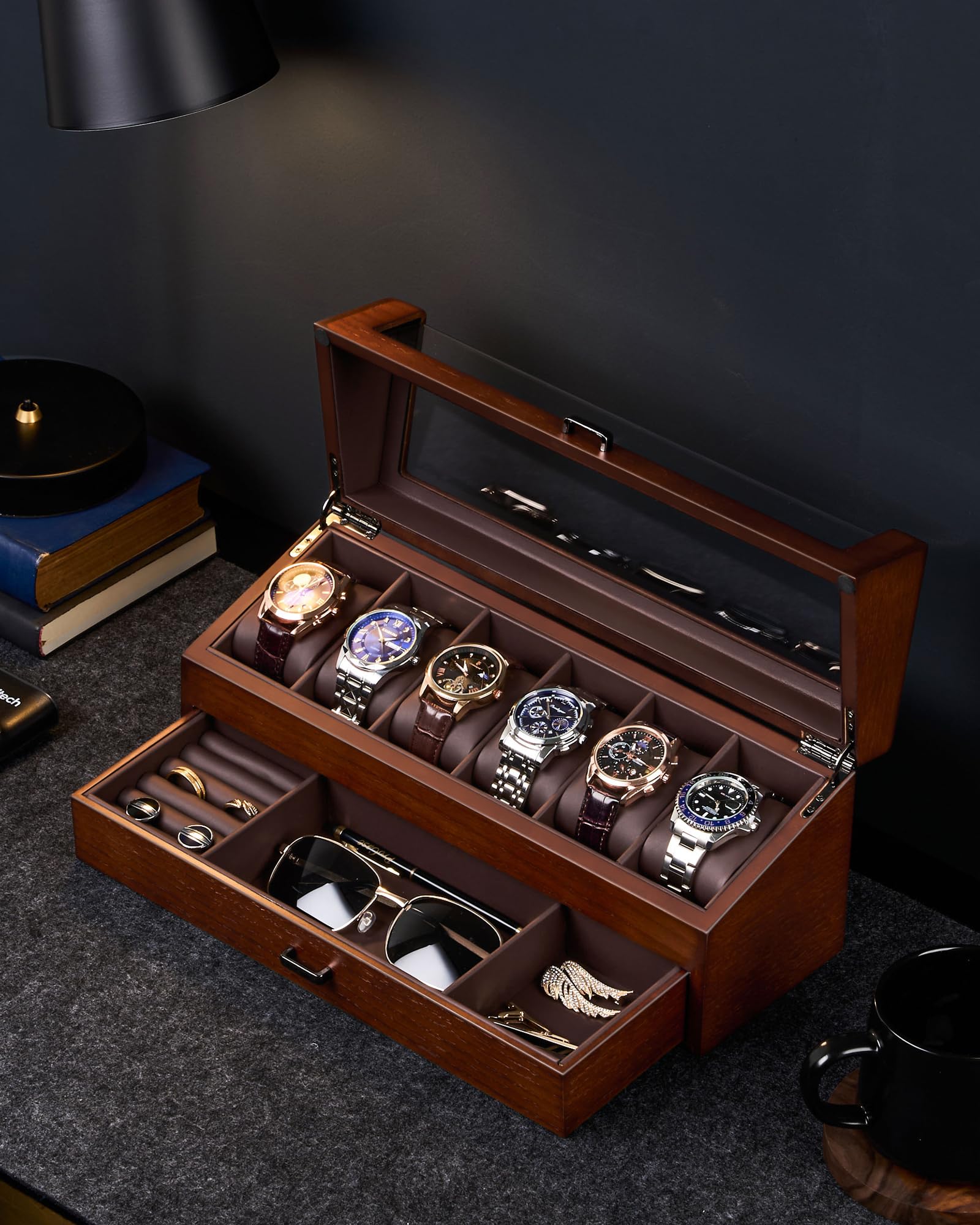 ProCase Estuche para Relojes de Madera, Caja Organizadora de 6 Ranuras con Cajón y Tapa de Cristal, Almohadillas y Forro Interior Suave, Porta Relojes para Hombre –6 Slot, Marrón