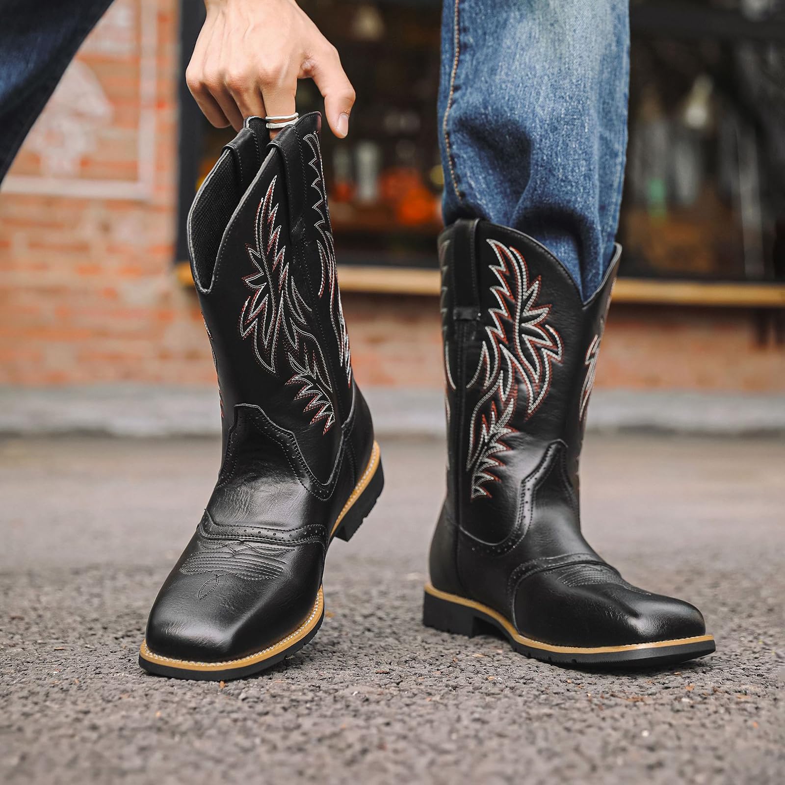 Stivali da Cowboy Western per Uomini con Classica Ricamo Slip-on Punta Quadra Stivali Corti Country
