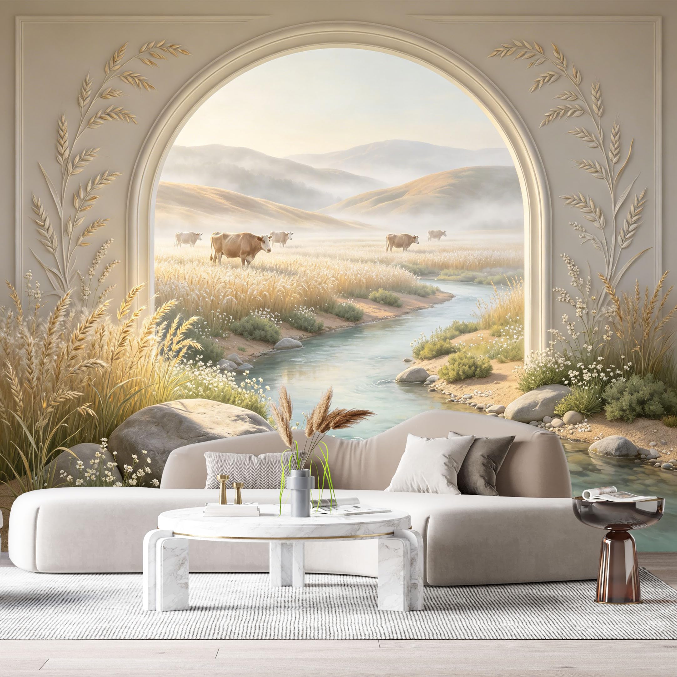 Custom Size Wall Mural Farmhouse Landscape Cattle River 3D Trompe L'Oeil SelfAdhesiveWall Fabric Removable Wallpaper Wall Decor for Living Room Bedroom Bathroom