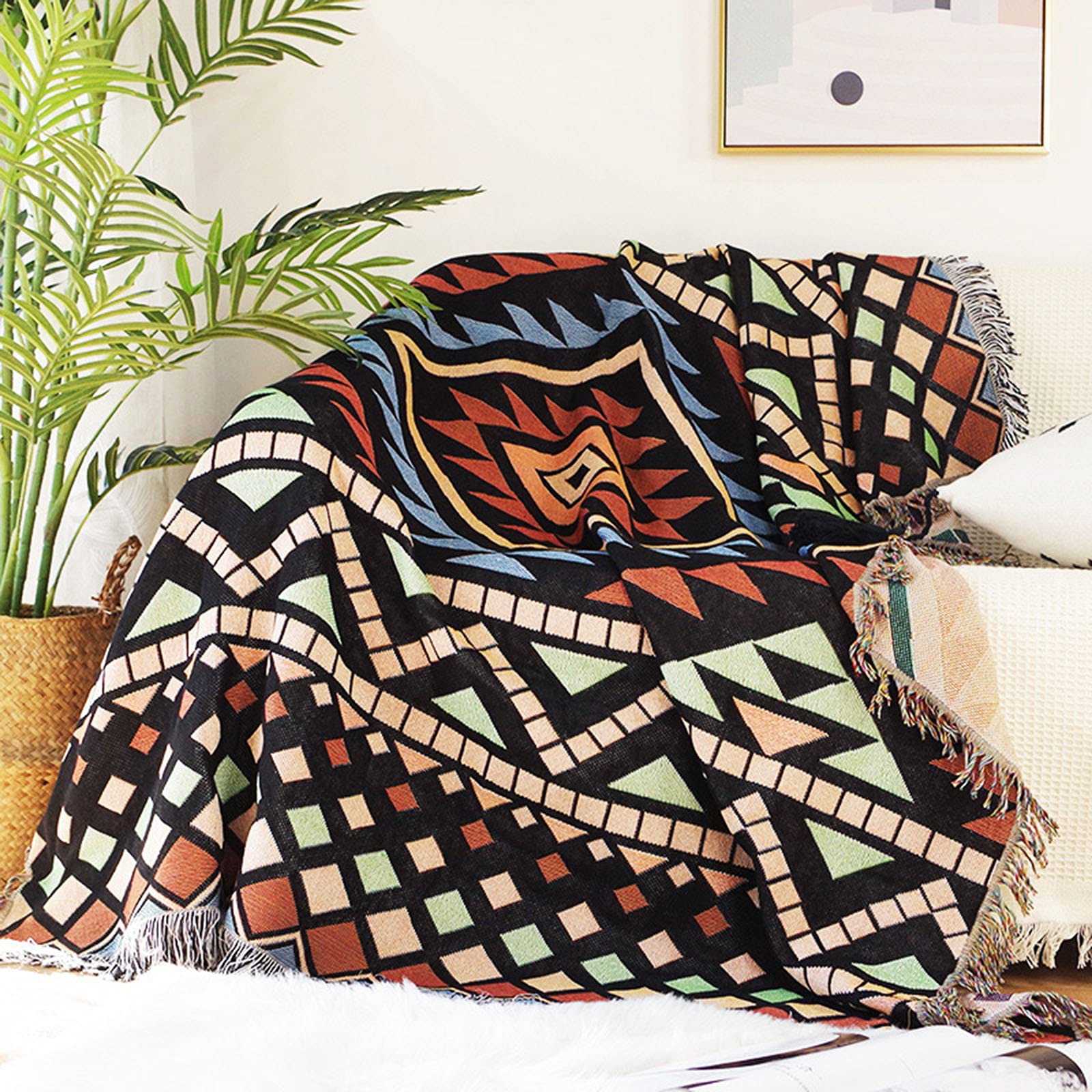 Coperta con motivo geometrico etnico con frange decorative, reversibile, confortevole, morbida ed elegante, per divano, letto, divano e sedia (stile 5, 130 x 160 cm)