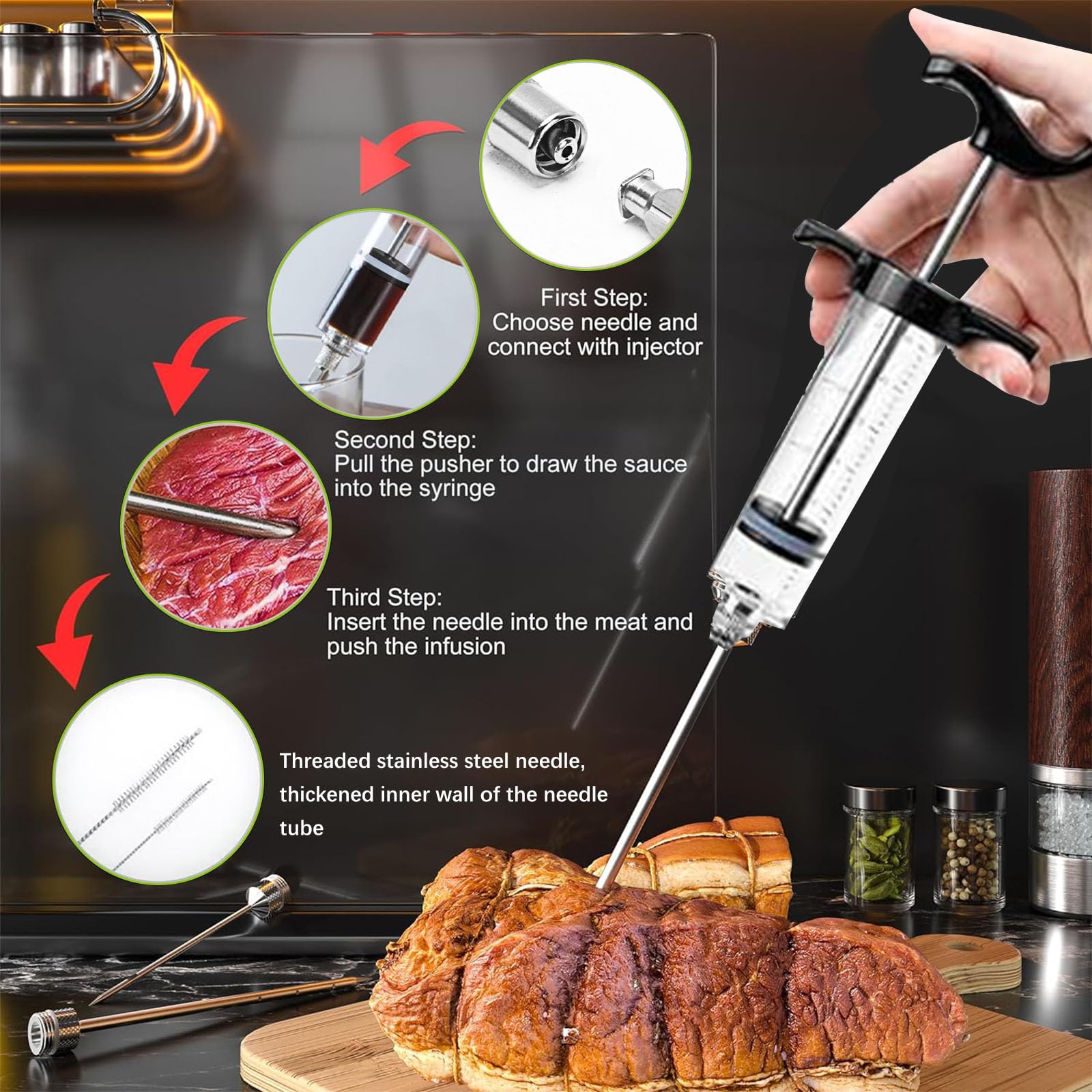 Fleischspritze, Marinadenspritze, Fleischinjektoren zum Räuchern und Grillen 30 ml, Meat Injector, Fettinjektornadel, Marinierspritze, Gewürzspritze, Injektor-Marinaden für Fleisch, Pute, Rind