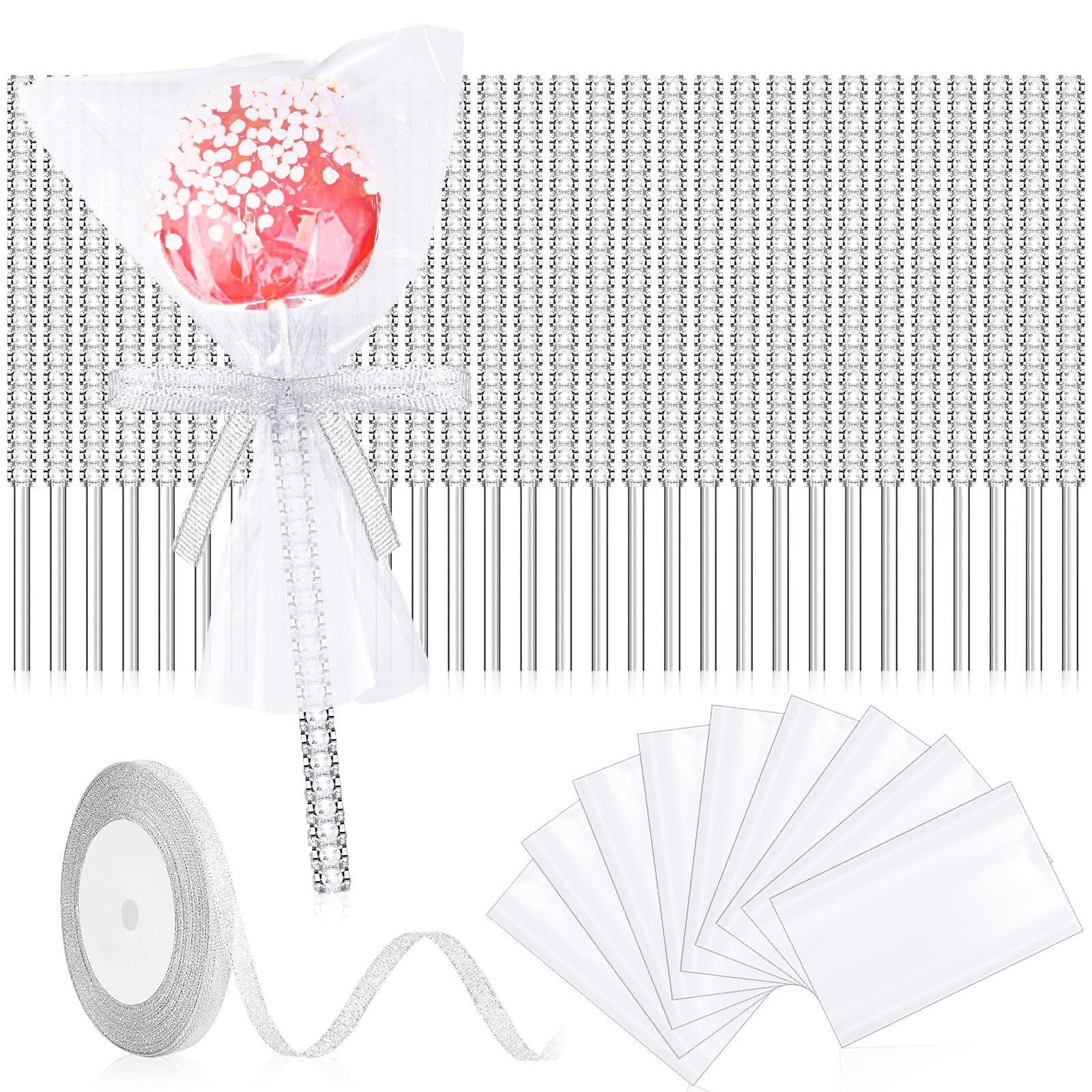 32 Pack 6 Inch Bling Pop candy Sticks Set Acrylic Rhinestone Lollipop Sticks Cake Pop Sucker Sticks with 100 pieces Glass Bags and Silver Glitter Ribbons Tie for Cake Fruit Christmas Party Favor