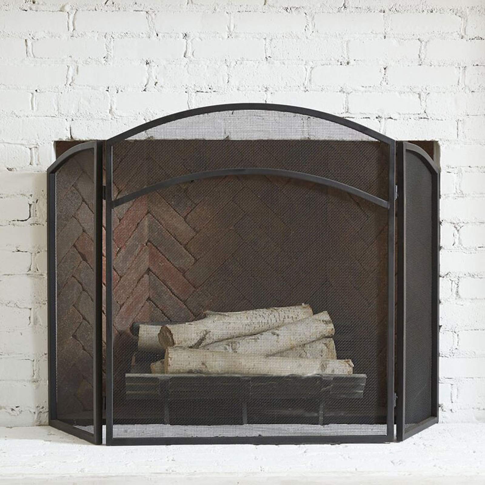 Schermi per Caminetti di Guardia Schermo da camino 3 pannelli con cornice ad arco nero in ferro battuto in ferro metallico camino schermo h 31.9"×w 49.6" Accessori per Caminetti in Rete Decorativa