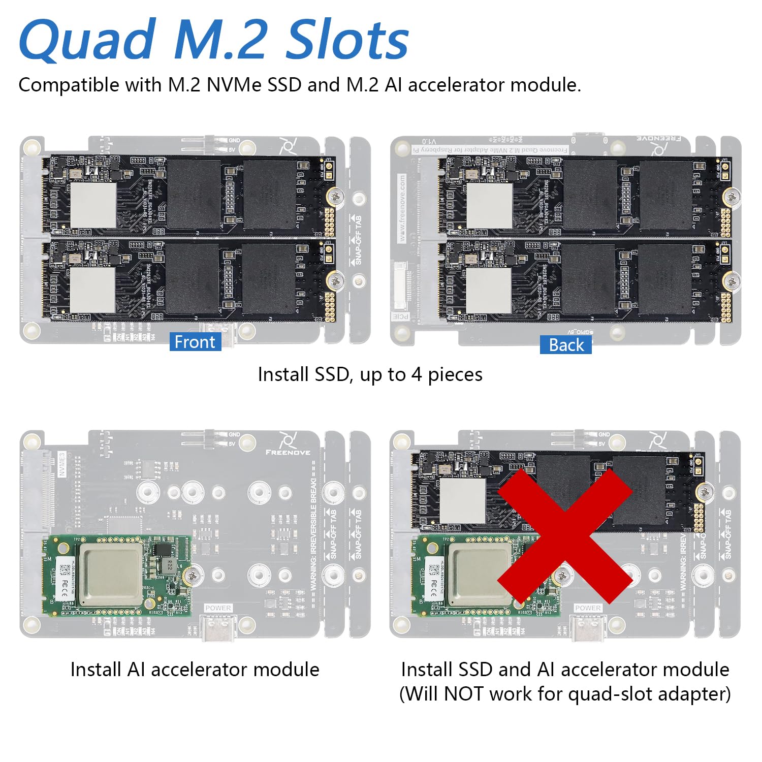 Freenove Quad M.2 NVMe SSD HAT for Raspberry Pi 5, M.2 Adapter AI HAT 4 Slots NAS RAID Kit, Solid State Drive Size 2230 2242 2260 2280, PCIe 2.0 Max Speed 500 MB/s, Detailed Tutorial