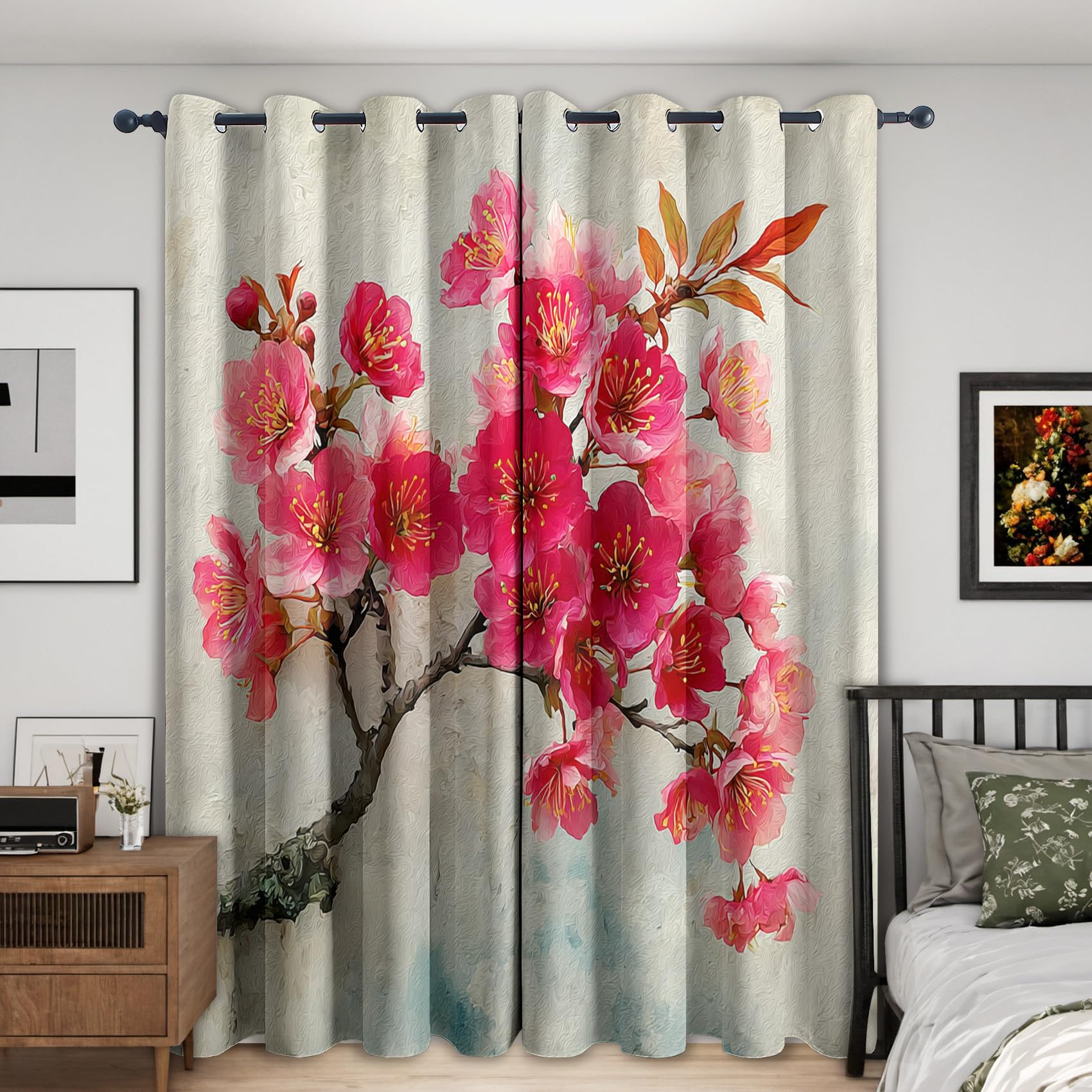 Cherry Blossoms Japanese Curtains 90x108 Inch 2 Panels, 95% Blackout, Pink Floral Curtains for Bedroom, Living Room, Home Decor, Thermal Insulated Eyelet Window Drapes YD173