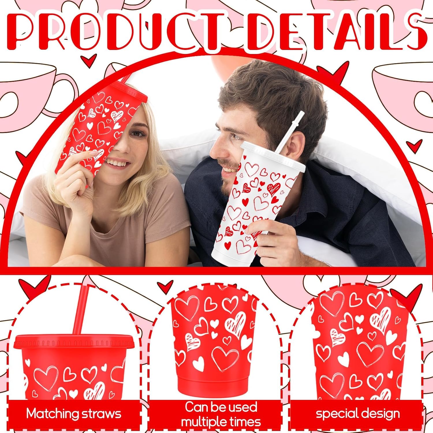 Denylo pro 24 Sets Galentines Day Coffee Cups Valentines Plastic Cups with Straw Heart Reusable Cups 27 OZ Drinking Tea Valentines Coffee Cups for Valentines Day Gifts Galentine's Day Party Supplies - Image 3