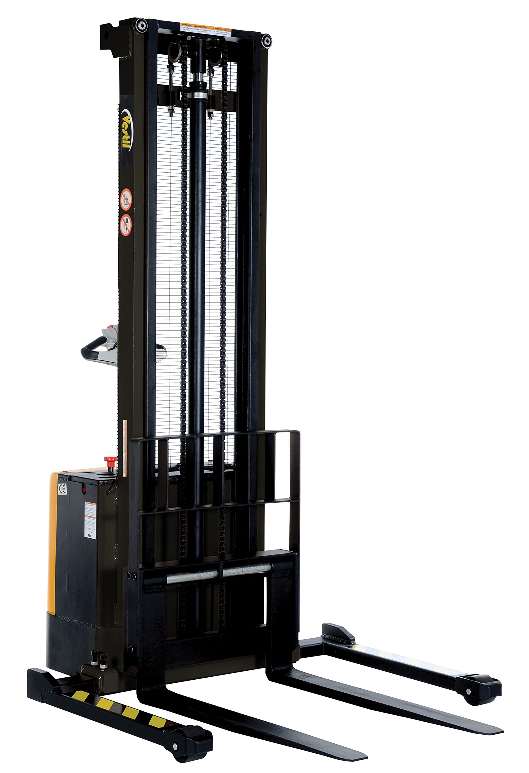 Vestil S-150-AA Powered Drive and Powered Lift Stacker with Adjustable Forks and Support Legs, 2-1/8"-150" Height Range, 42-1/4" Length x 26-3/4" Width Fork, 2000 lbs Capacity