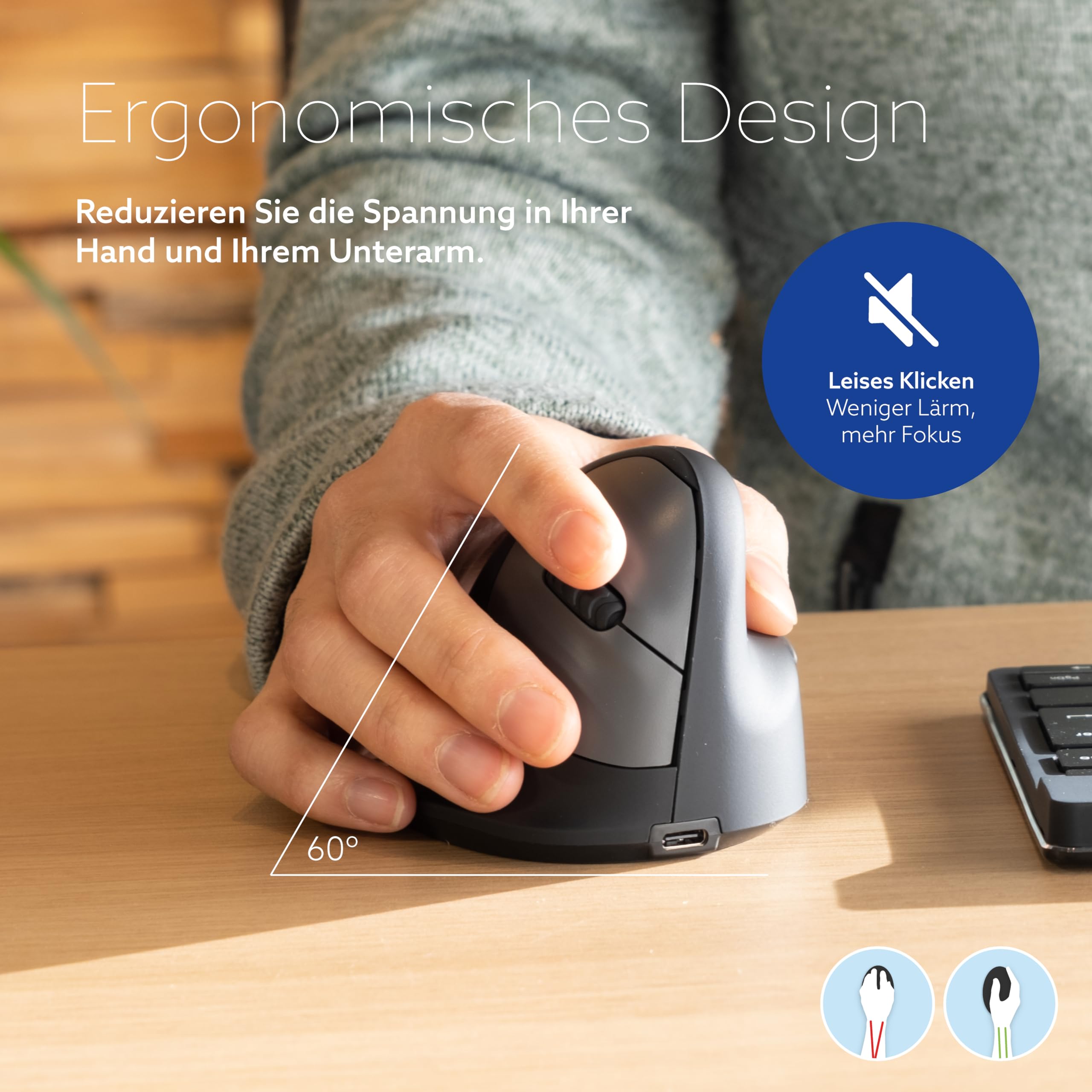 R-Go HE Ergonomische Maus, Bluetooth 5.0, Silent funkmaus, Kompatibel mit Anti-RSI-Software, Vorbeugung Mausarm, Wiederaufladbare kabellose vertikale Maus für Windows/MacOS, 5 Tasten, Schwarz