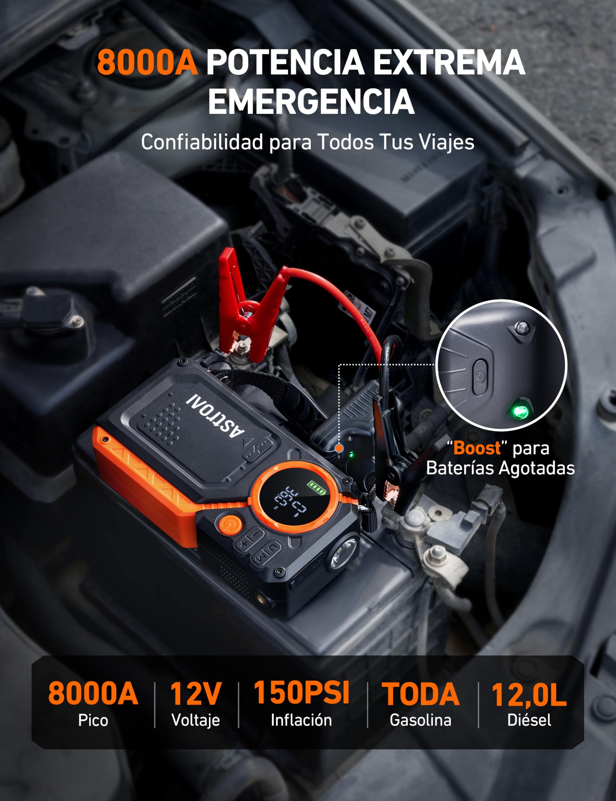 AstroAI Arrancador de Batería de Coche 8000A con Compresor Aire, Arrancador Coche Prtatil con Inflador de 150 PSI, Jump Starter 12V (Todo Gasolina o 12L Diésel), con Pantalla LED y Luz de Emergencia