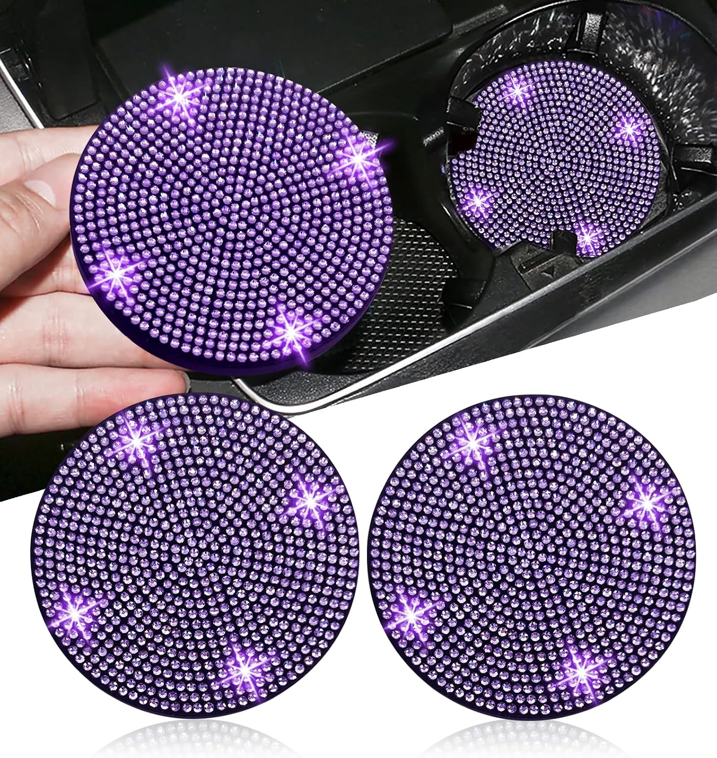 NBTEPEM 2pcs Bling Car Cup Holder Coaster, 2.75 inch Anti-Slip Shockproof Universal Fashion Coasters Insert Crystal Rhinestone Automotive Interior Accessories for Women (2 pcs, Purple Violet)