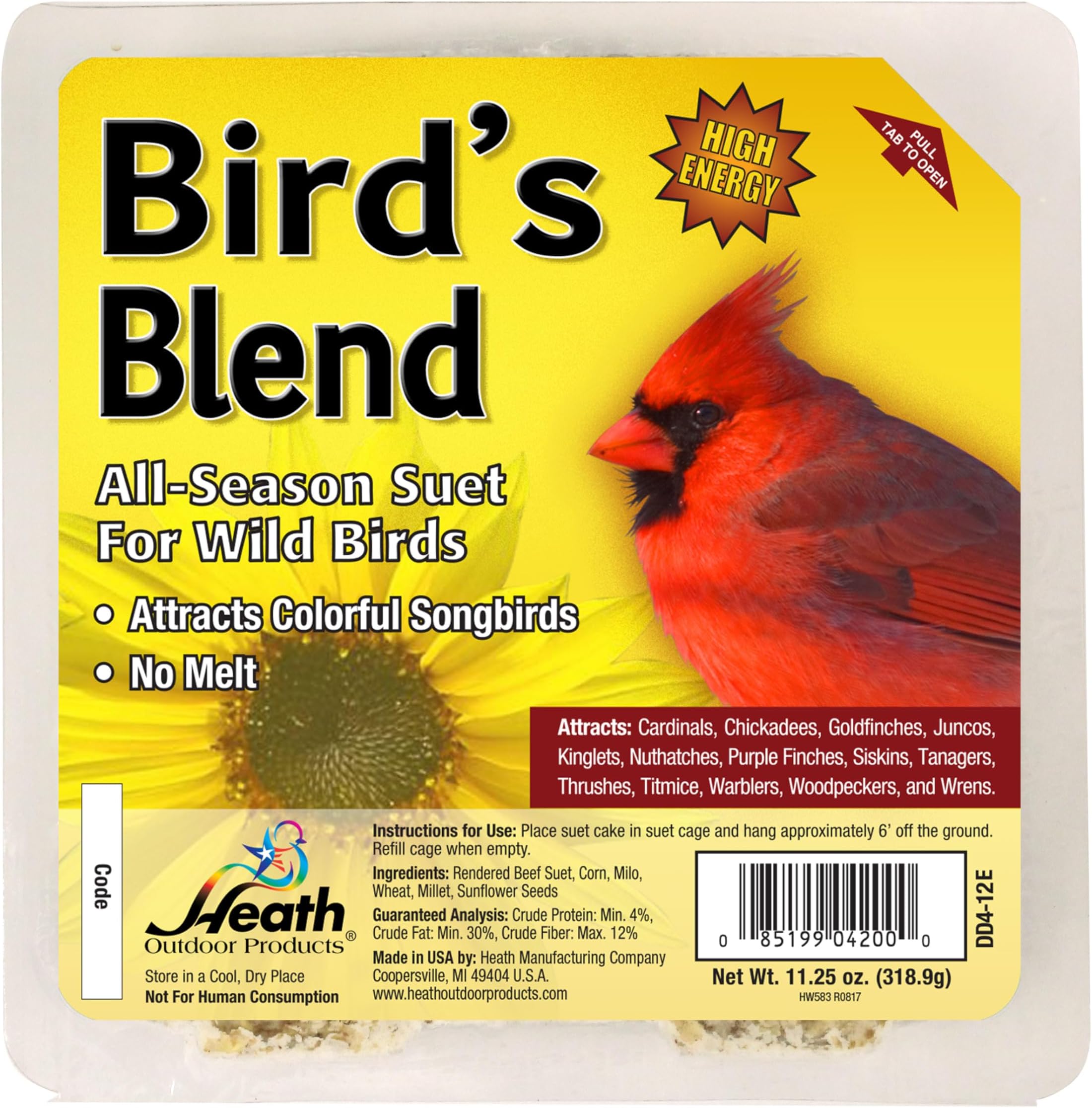 Heath Outdoor ProductsDD4-12 Heath Bird Suet, Yellow, 11.25 Ounce (Pack of 12)