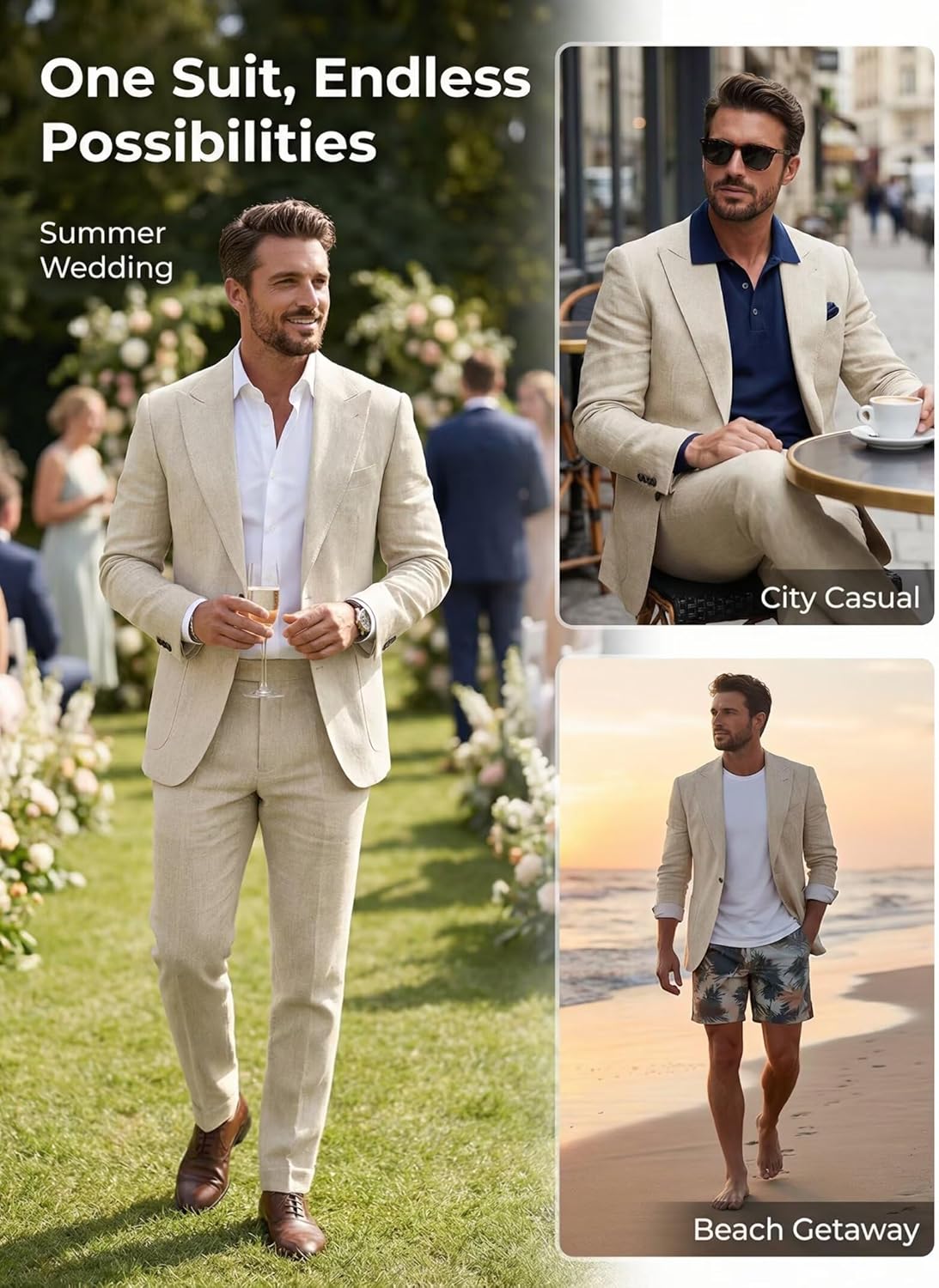 Retro Linen Men Suit 2 Piece Set Slim Fit Linen Men Suits Jacket Pants Sets Casual Tuxedo Blazer for Beach Wedding Prom - Image 4