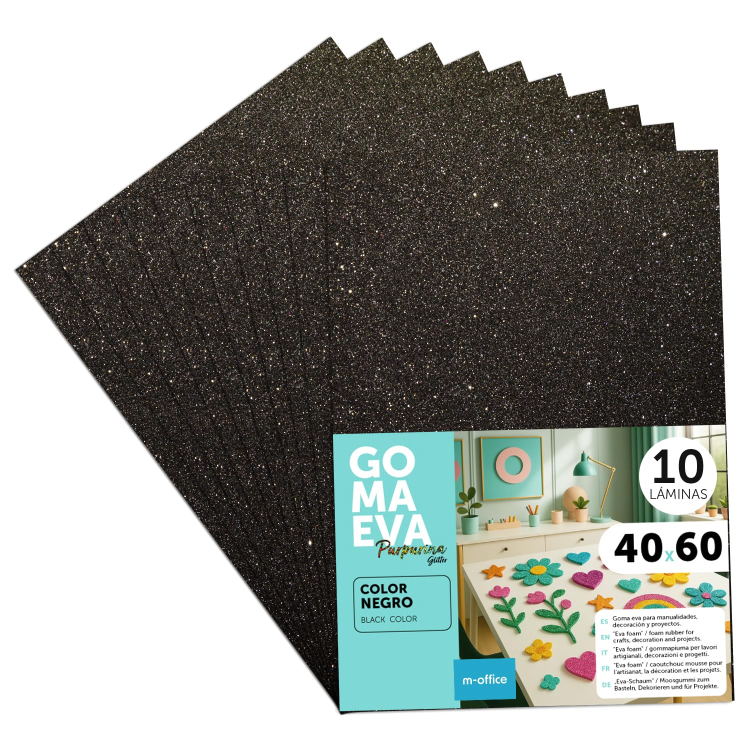 Plaques de Mousse EVA m-office Noir pailletée, lot de 10 - 8