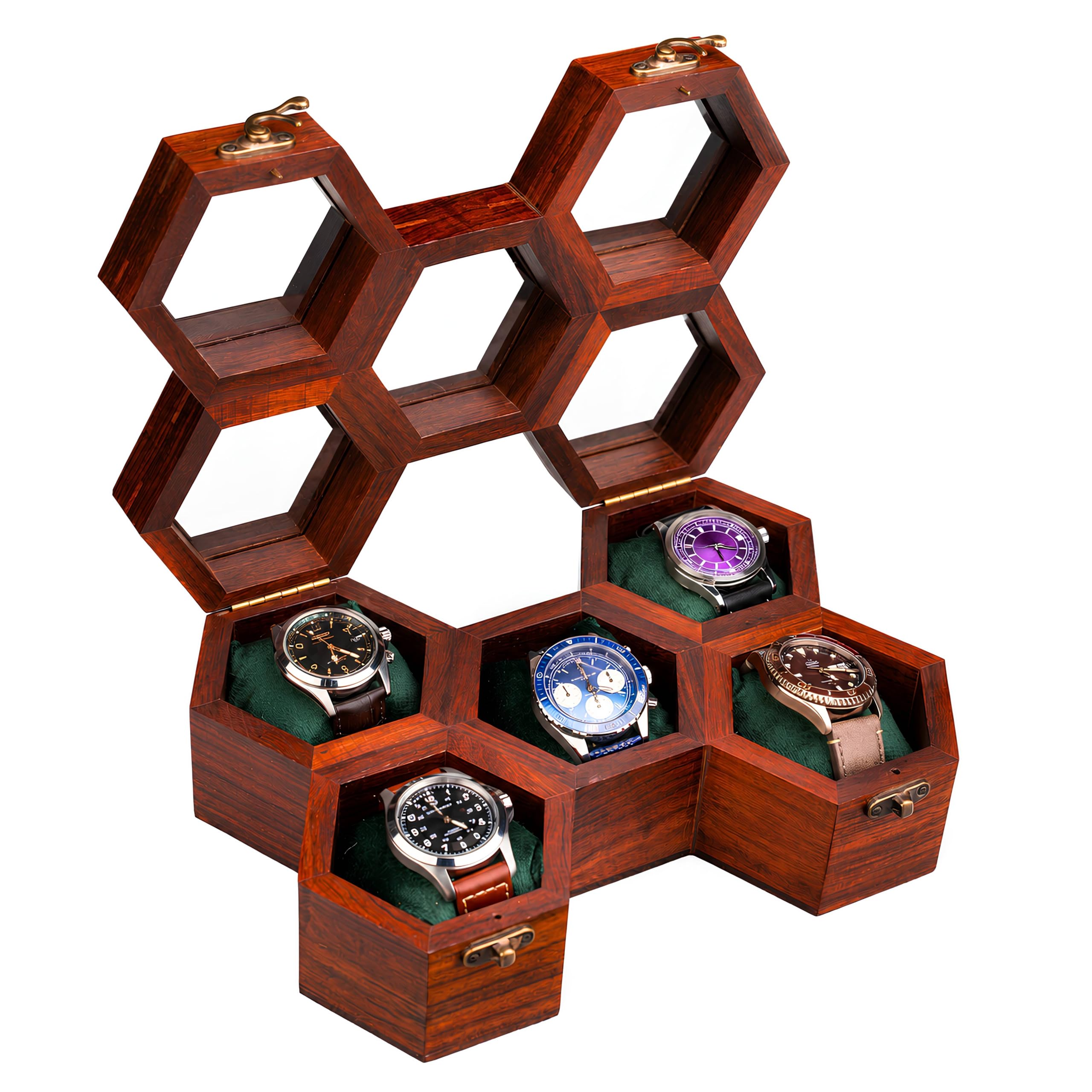 Royal Craft Expertise Caja organizadora de relojes de madera para hombre, 5 ranuras, caja de reloj de lujo de panal | Caja de exhibición de madera de palisandro oscuro y vidrio | Elegante caja de