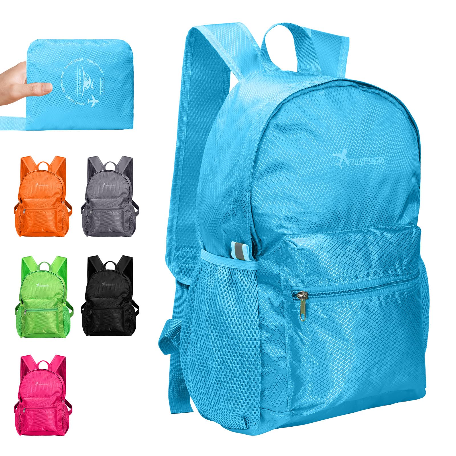 Risipu Lightweight Foldable Backpack Small Waterproof Hiking Rucksack Durable Packable Backpacks for Women Men Outdoor Hiking Biking Travelling Walking Camping (M-Blue)