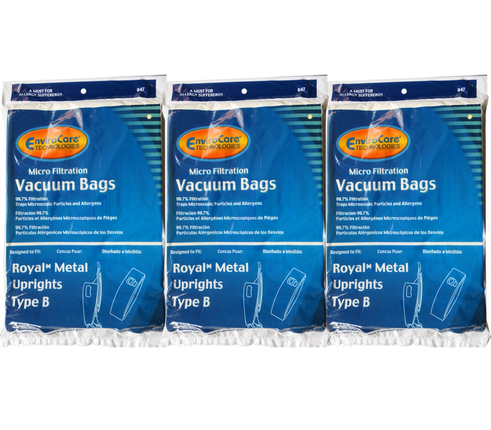 9 Royal Upright Type B Vacuum Cleaner Allergy Bags, Top Full Vacuum Cleaners, RO-2-066247-001, Royal 3067247001, 3-067247-001, 3-671075-001, Royal 3671075001, 673Z, 7730Z, 673Z