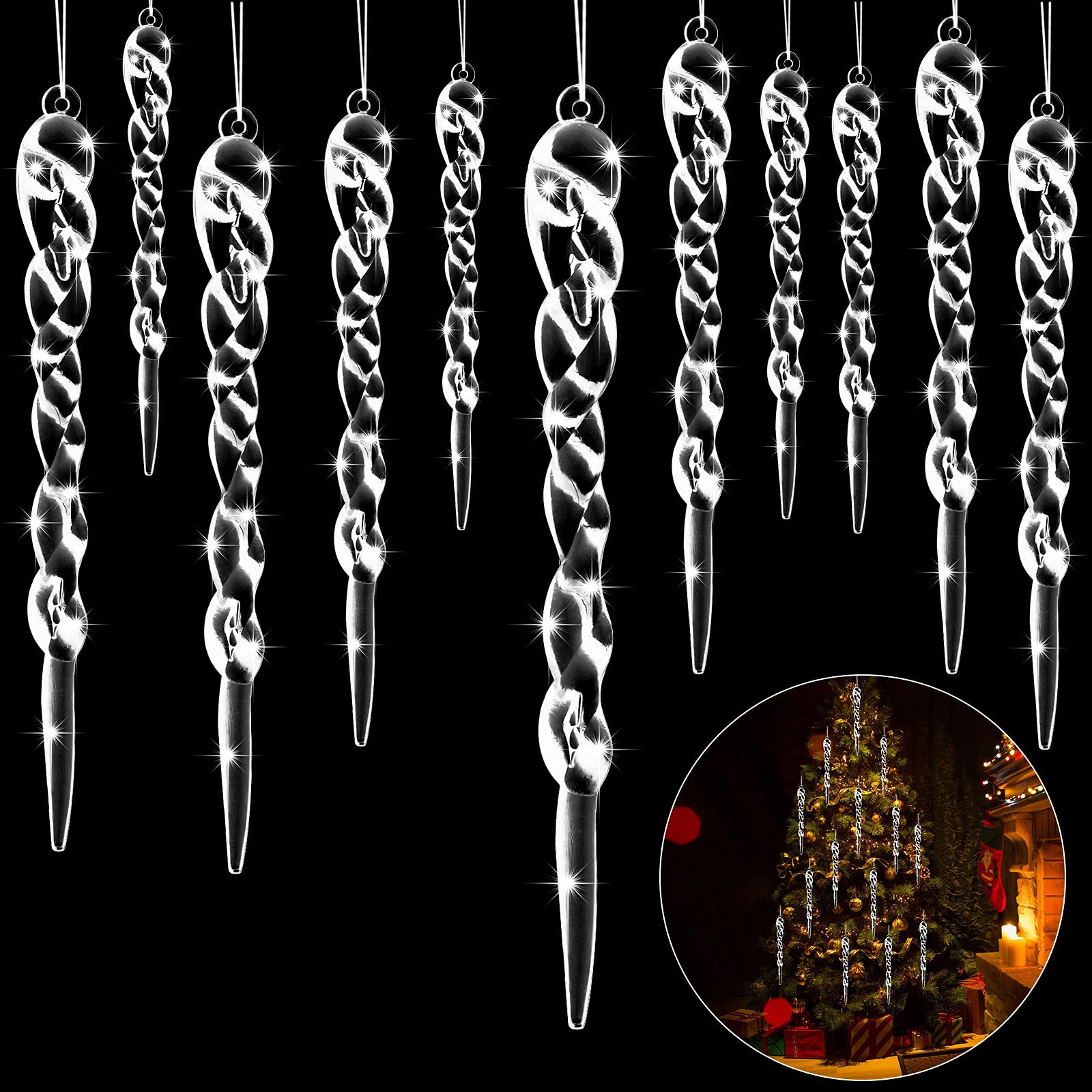 Icicle Ornaments Clear Twisted Icicle Christmas Tree Decorations Acrylic White Artificial Winter Hanging Decor for Christmas Tree Home Festival Decorations, 4 Sizes (48 Pieces)